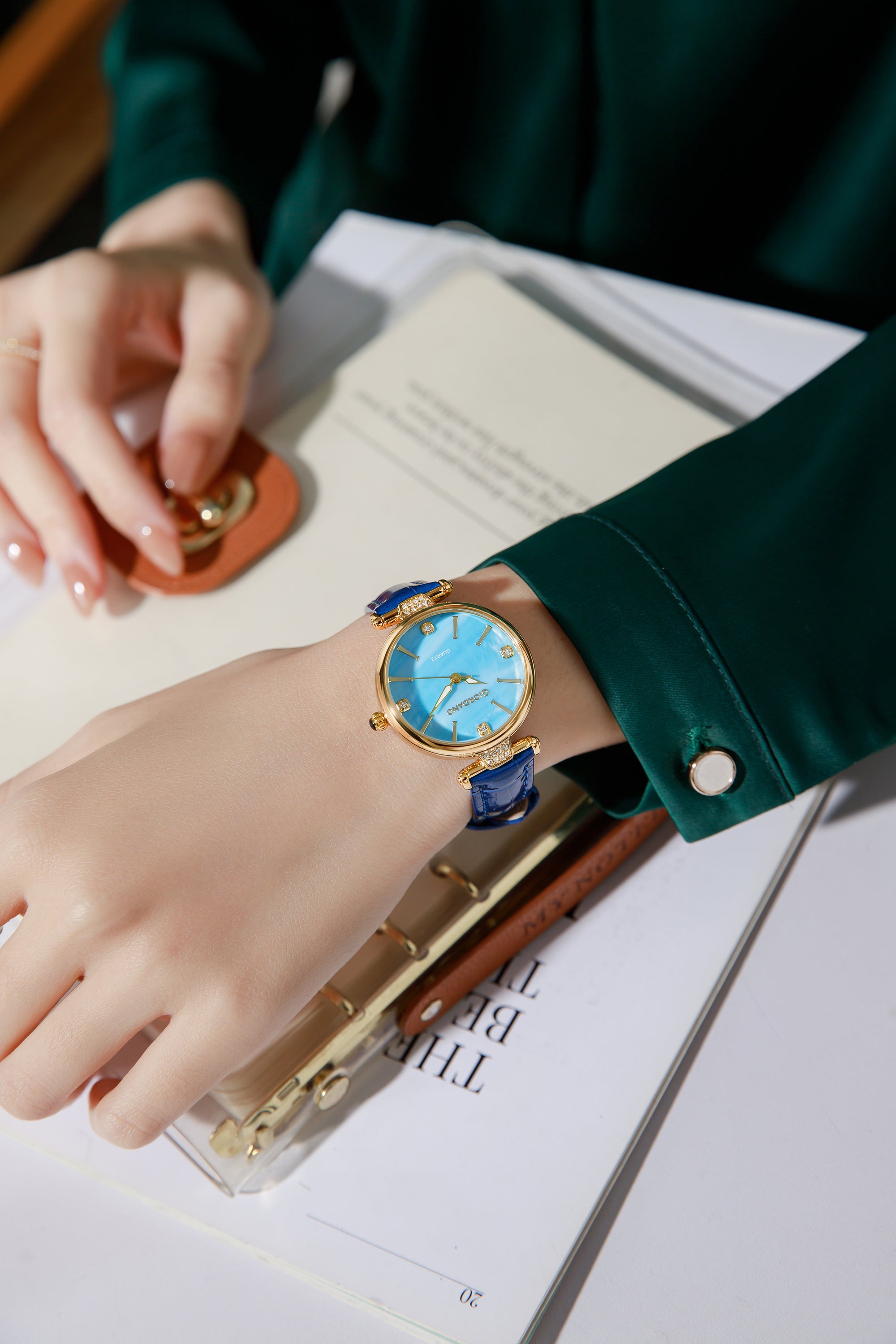 Giordano Analog Quartz Watch for Women with sunray Round Blue Dial, Blue Crown, Luminos hands and Crystal hour markers, Blue Leather Strap - GZ-60161-05