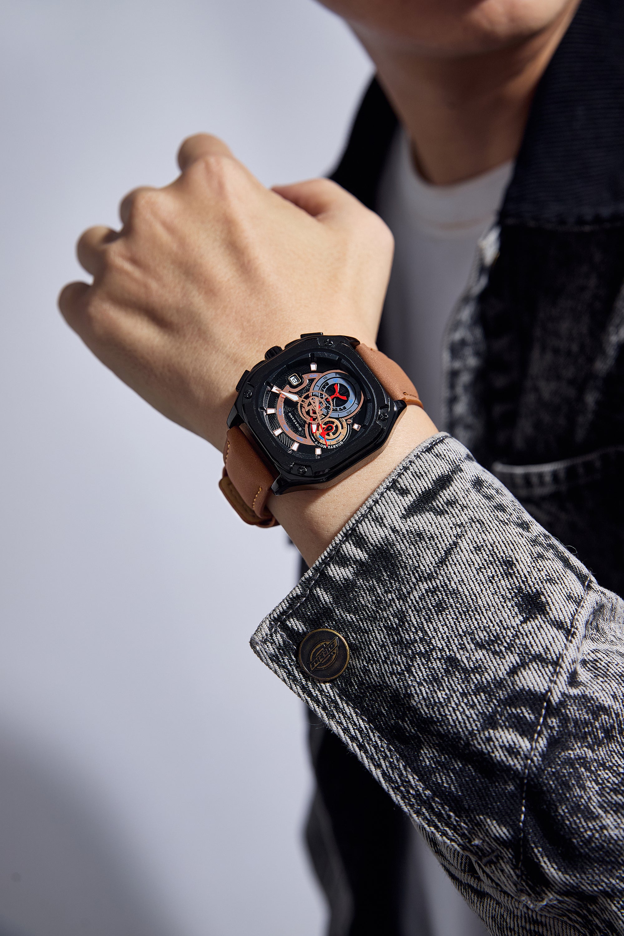 Giordano Analog Quartz Watch for Men – Multi-Dial Chronograph Style with Gear Dial Design, Octagon Case, Leather Strap & Date Display, Casual Sports Watch - GZ-50156-01