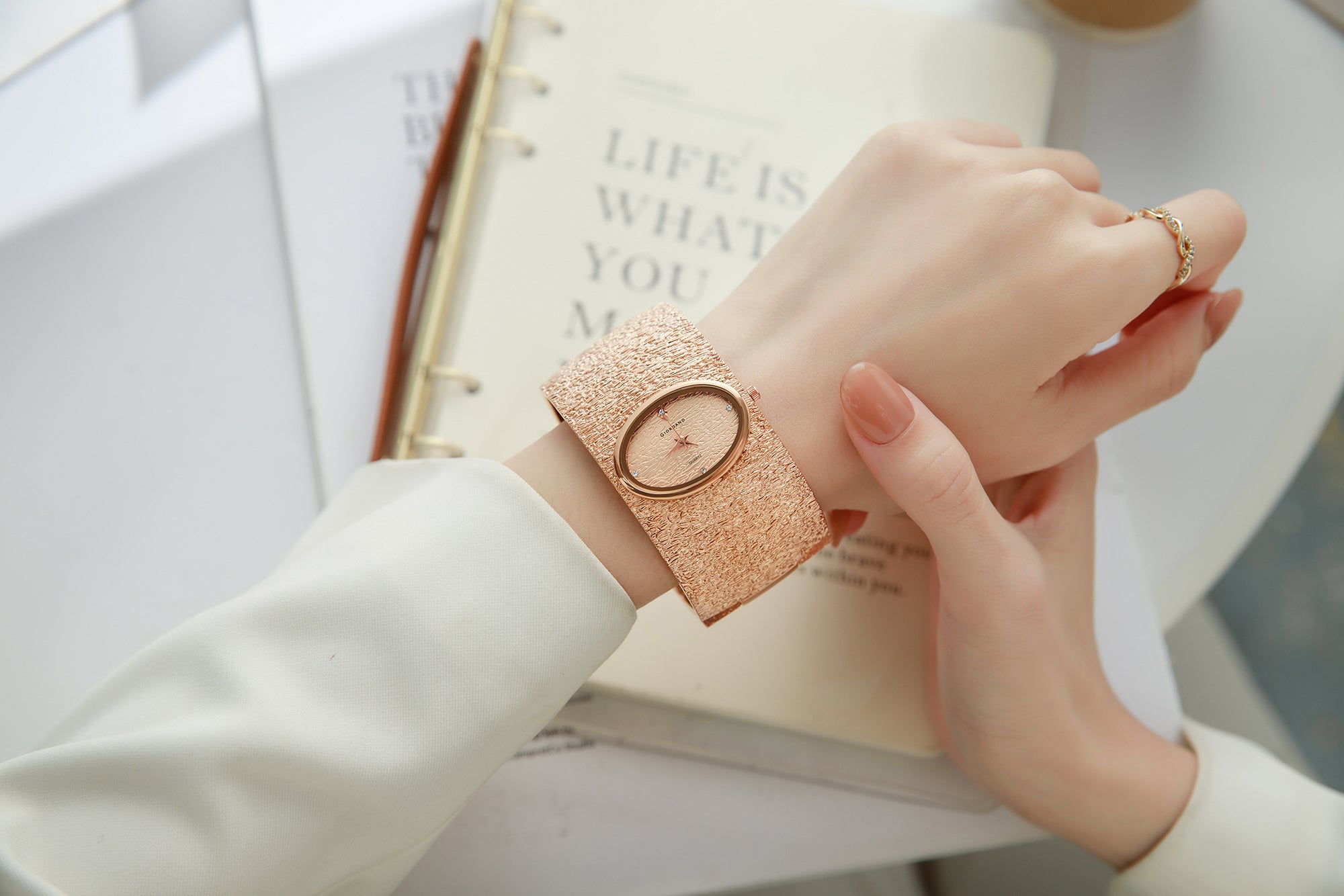 Giordano Analog Quartz Watch for Women with Oval Rose Gold Textured Dial, Crystal Hour Markers, Stainless Steel Bangle Strap - GZ-60171-33