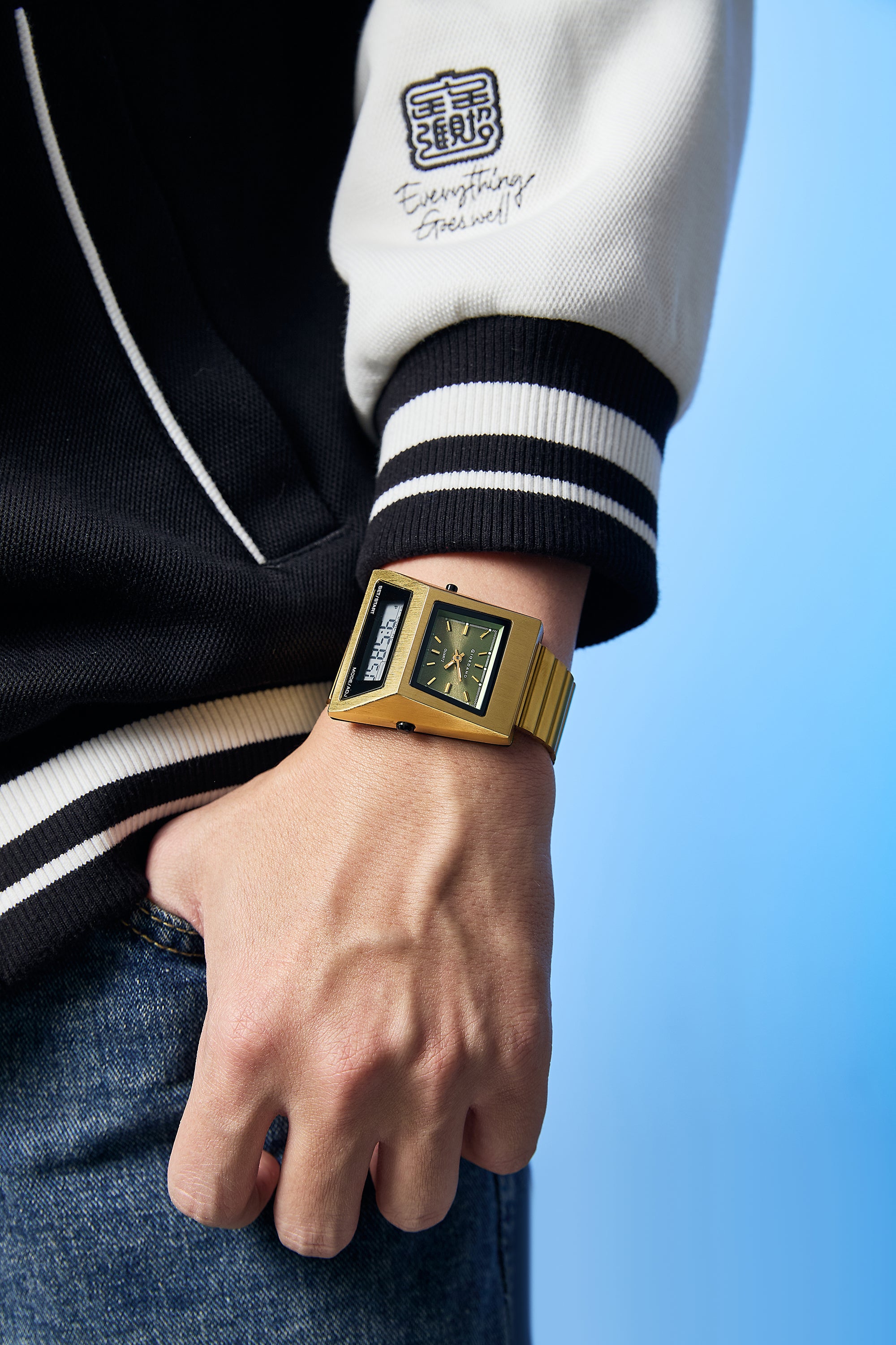 Giordano Analog Digital Watch for Men with Triangle Shape Green Dial, Dual Time Display, Gold Stainless Steel Strap - GZ-50205-33