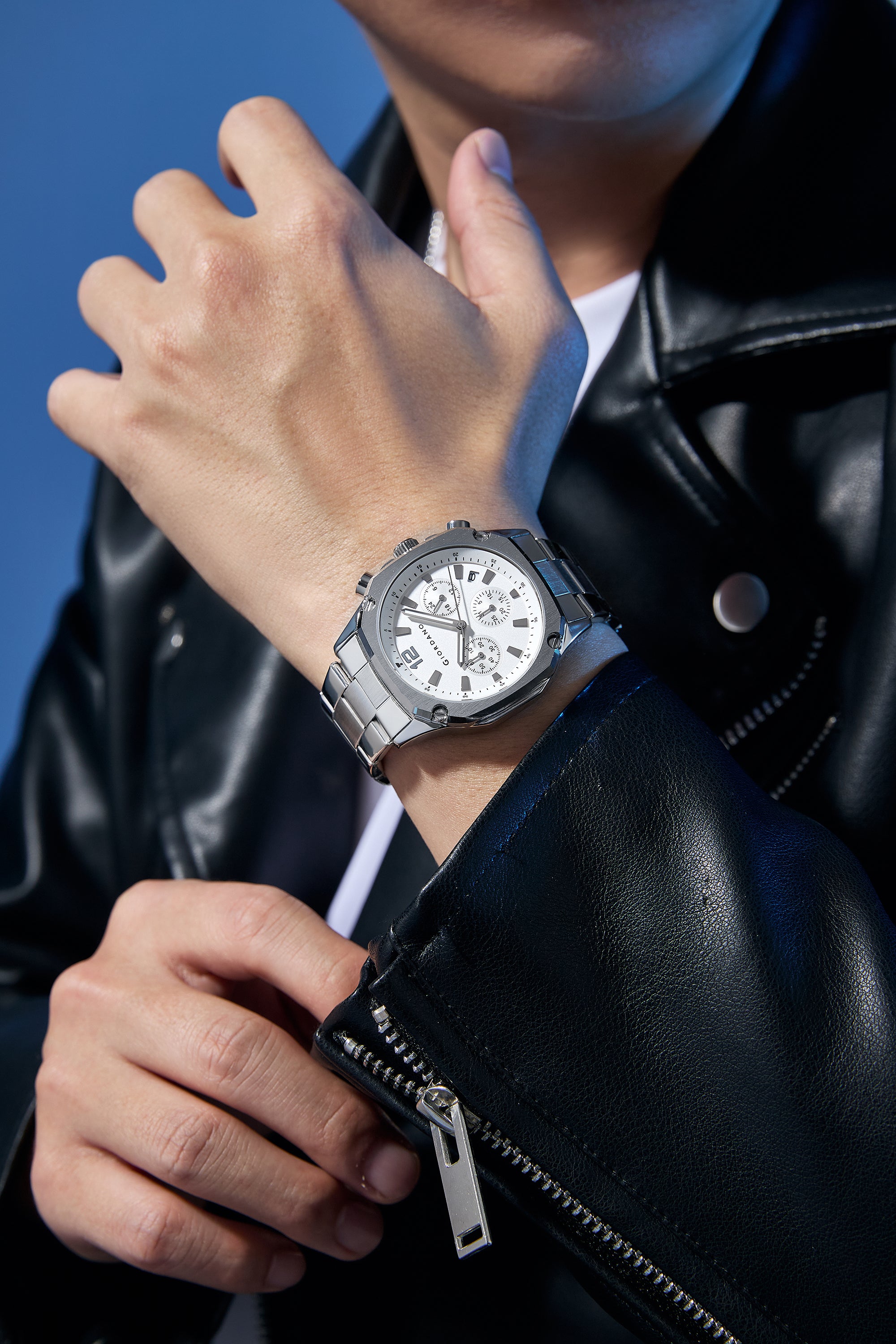Giordano Analog Watch for Men with Chronograph Subdials, Round Silver Dial Date Window, Quartz Movement Silver Stainless Steel Strap GZ-50203-22