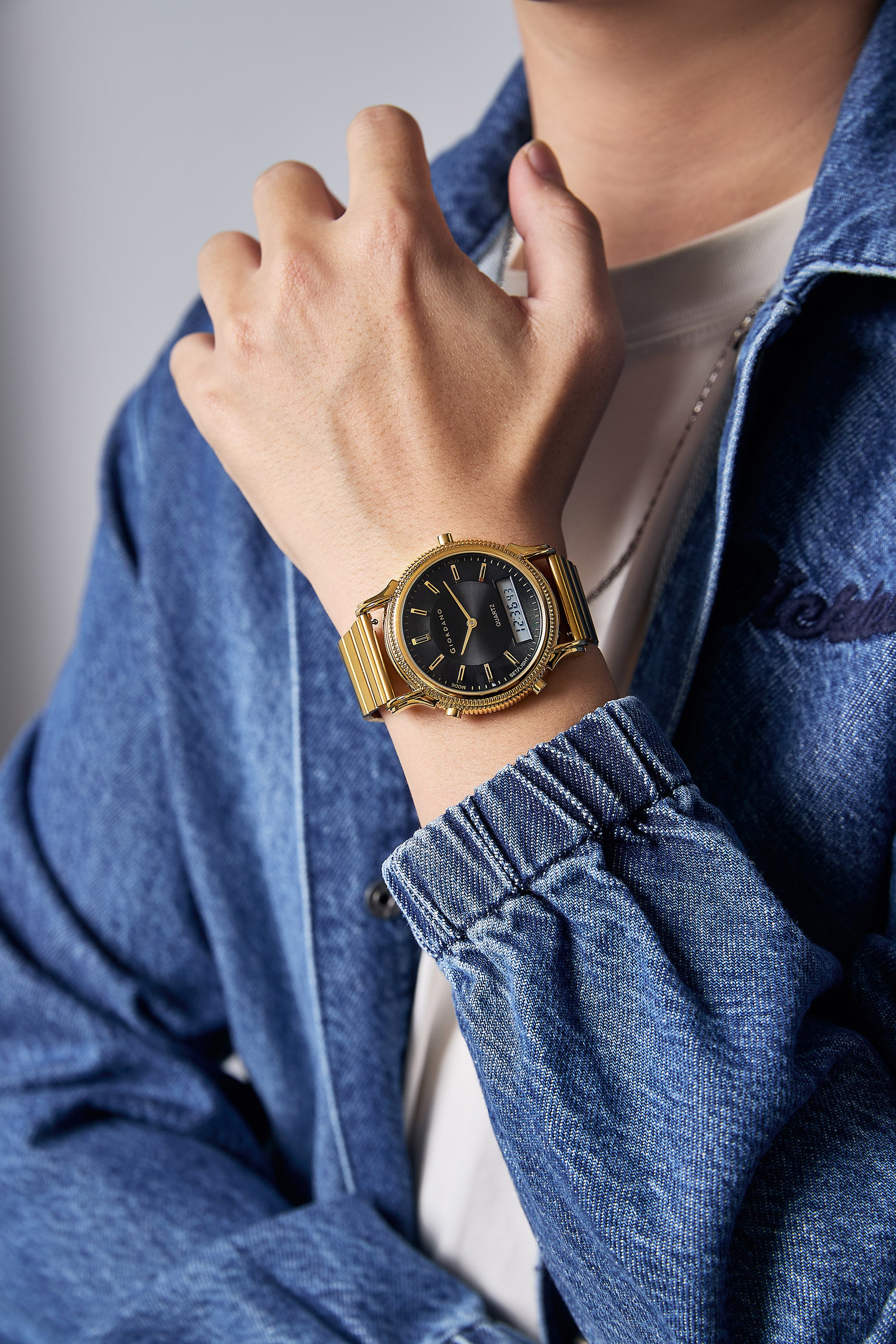 Giordano Analog-Digital Watch for Men - Round Black Dial with Dual Display, Quartz Movement and Gold Stainless Steel Strap - GZ-50209-55