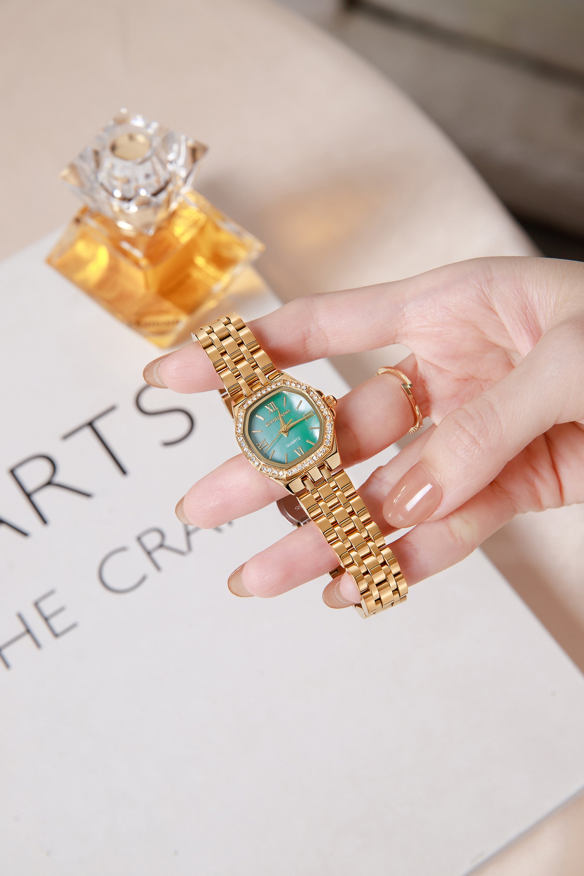 Giordano Analog Watch for Women with Green Dial, Crystal Studded Bezel, Roman Indices & Stainless Steel Strap GZ-60162-33