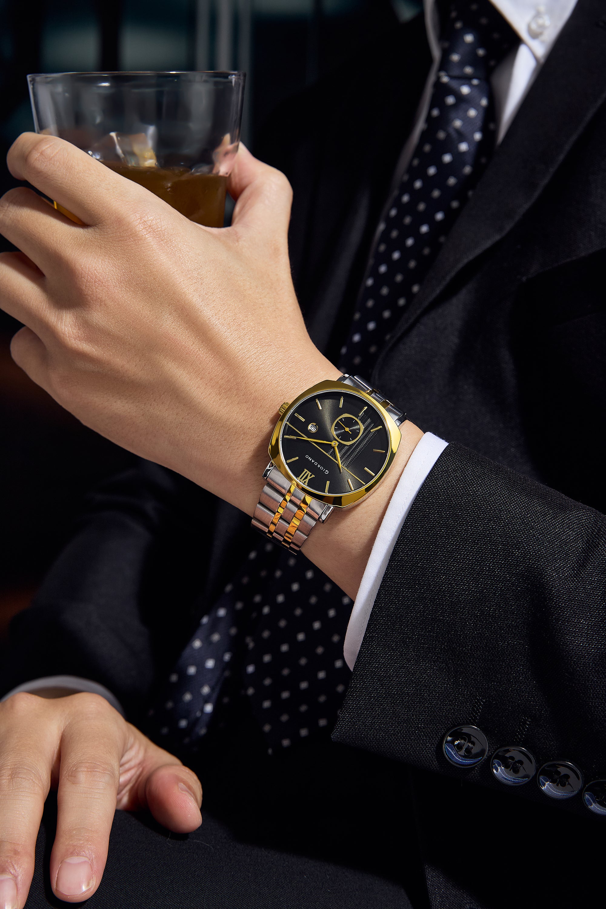 Giordano Analog Quartz Watch for Men with Black Sunray Patterned Dial, Roman XII & Baton Hour Markers, Small Seconds Sub-Dial, Date Display and Two-Tone Gold & Silver Stainless Steel Strap GZ-50192-66