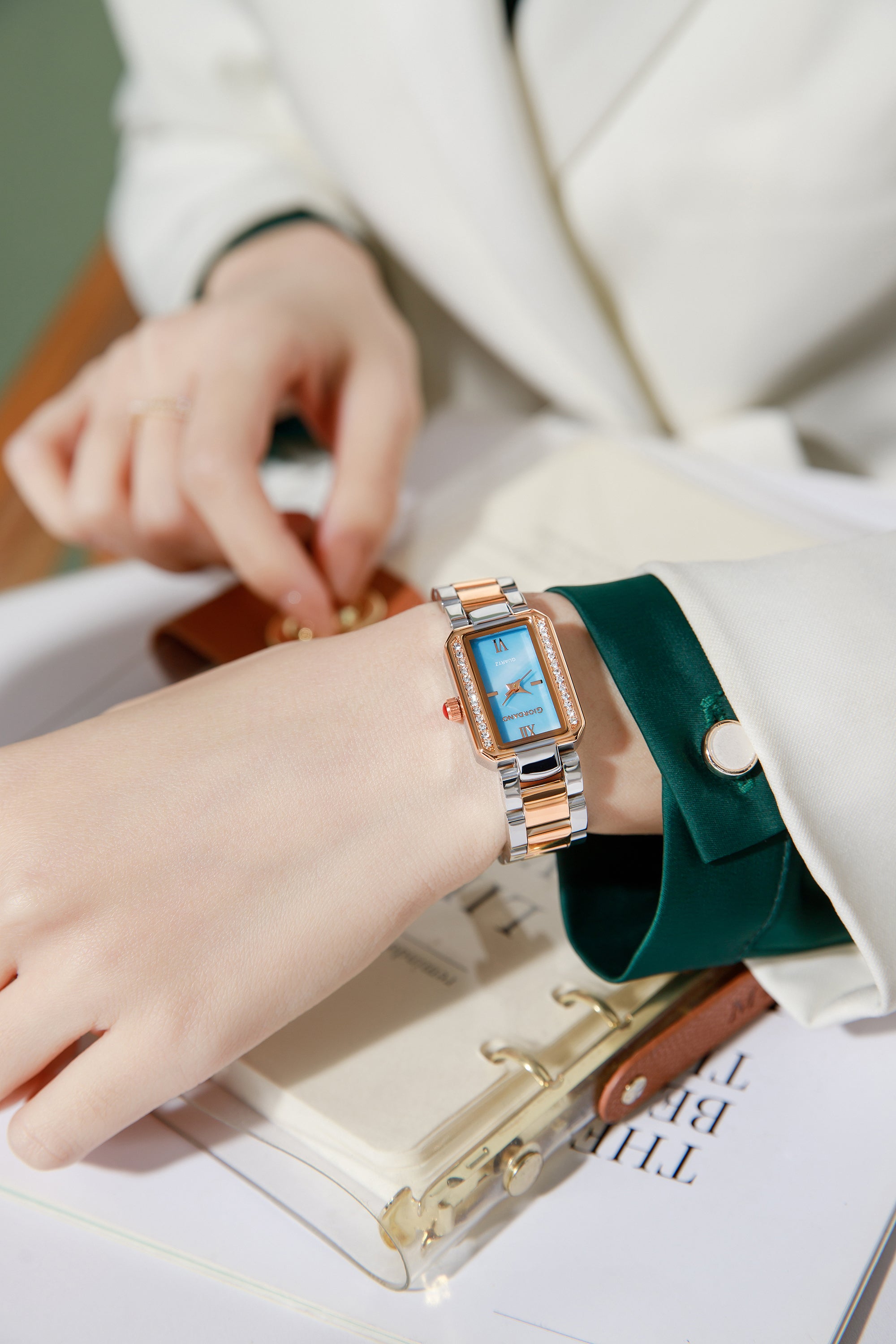 Giordano Analog Quartz Watch for Women with sunray Rectangle Blue Dial, Roman indices, Crystal studded bezel, Blue Crown, Silver and Rose Gold Stainless Steel Strap - GZ-60167-22