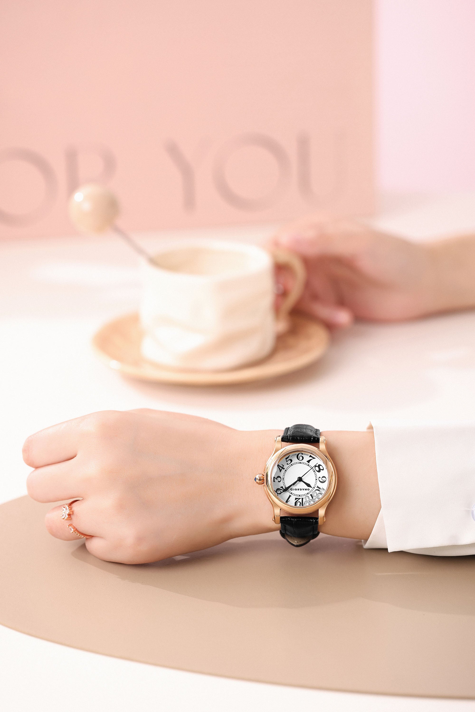 Giordano Elegant Analog Watch for Women with Round Dial & Dancing Diamonds, Arabic Numerals, Blue Crown and Leather Strap - GZ-60149-01