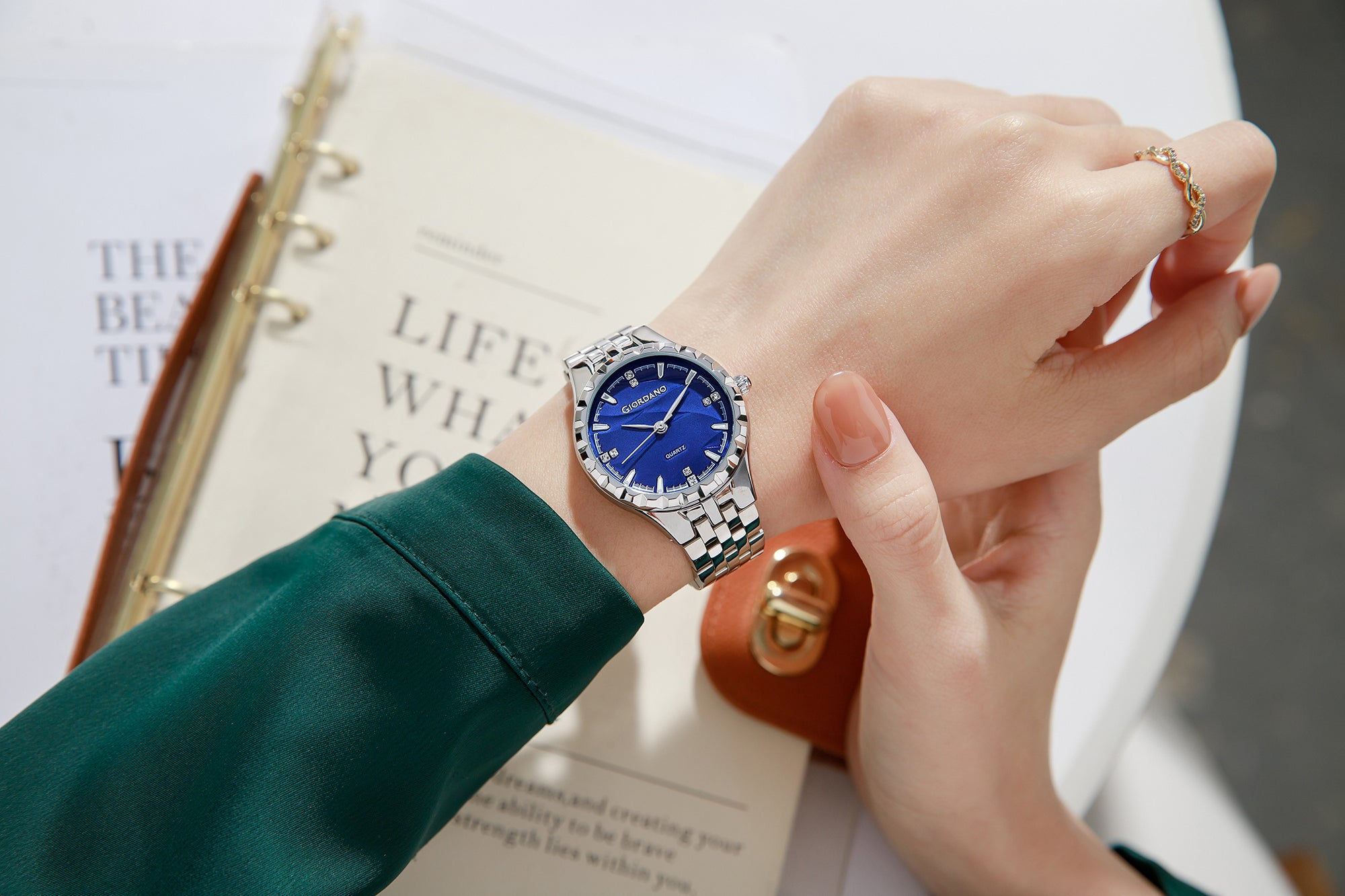 Giordano Analog Quartz Watch for Women with Textured Round Blue Dial, Luminous Hands and Markers, Silver Stainless Steel Strap - GZ-60164-22