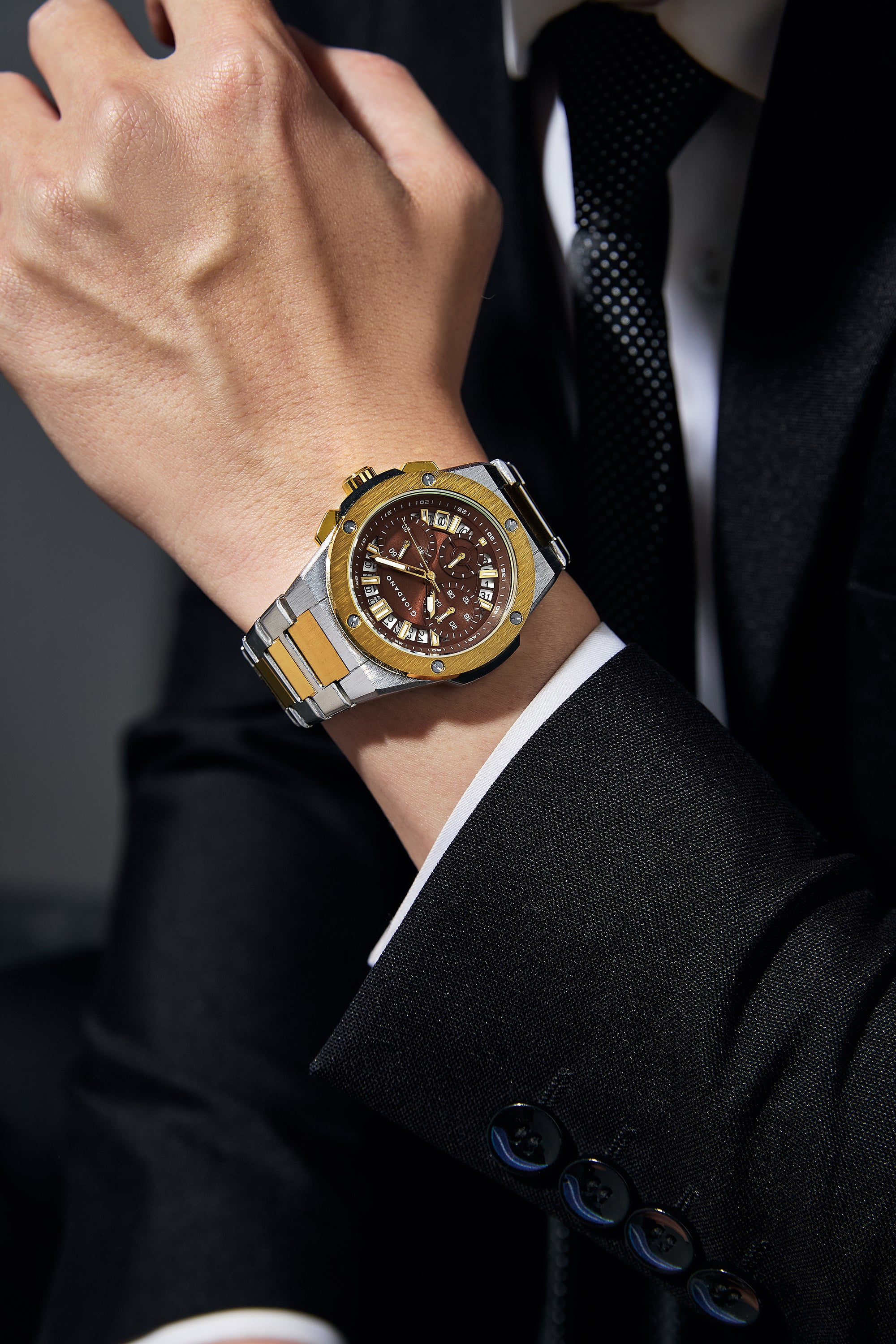 Giordano Chronograph Analog Quartz Watch for Men with Round Brown Dial, Date Function, Luminous Hands and Markers, Silver and Gold Stainless Steel Strap - GZ-50200-33