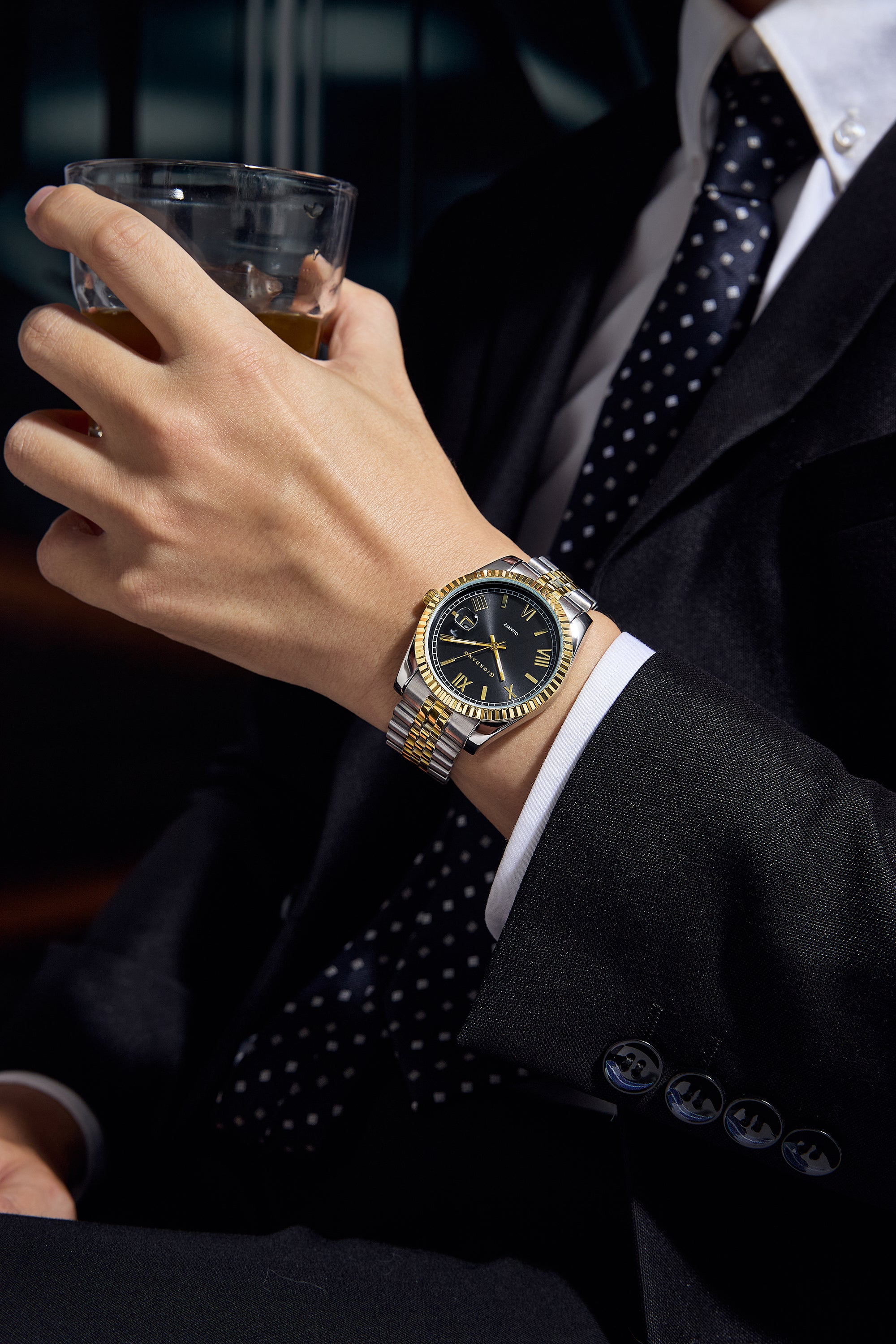 Giordano Analog Quartz Watch for Men with Black Dial, Roman Numeral & Baton Markers, Date Display, Fluted Bezel and Two-Tone Gold & Silver Stainless Steel Strap - GZ-50190-22