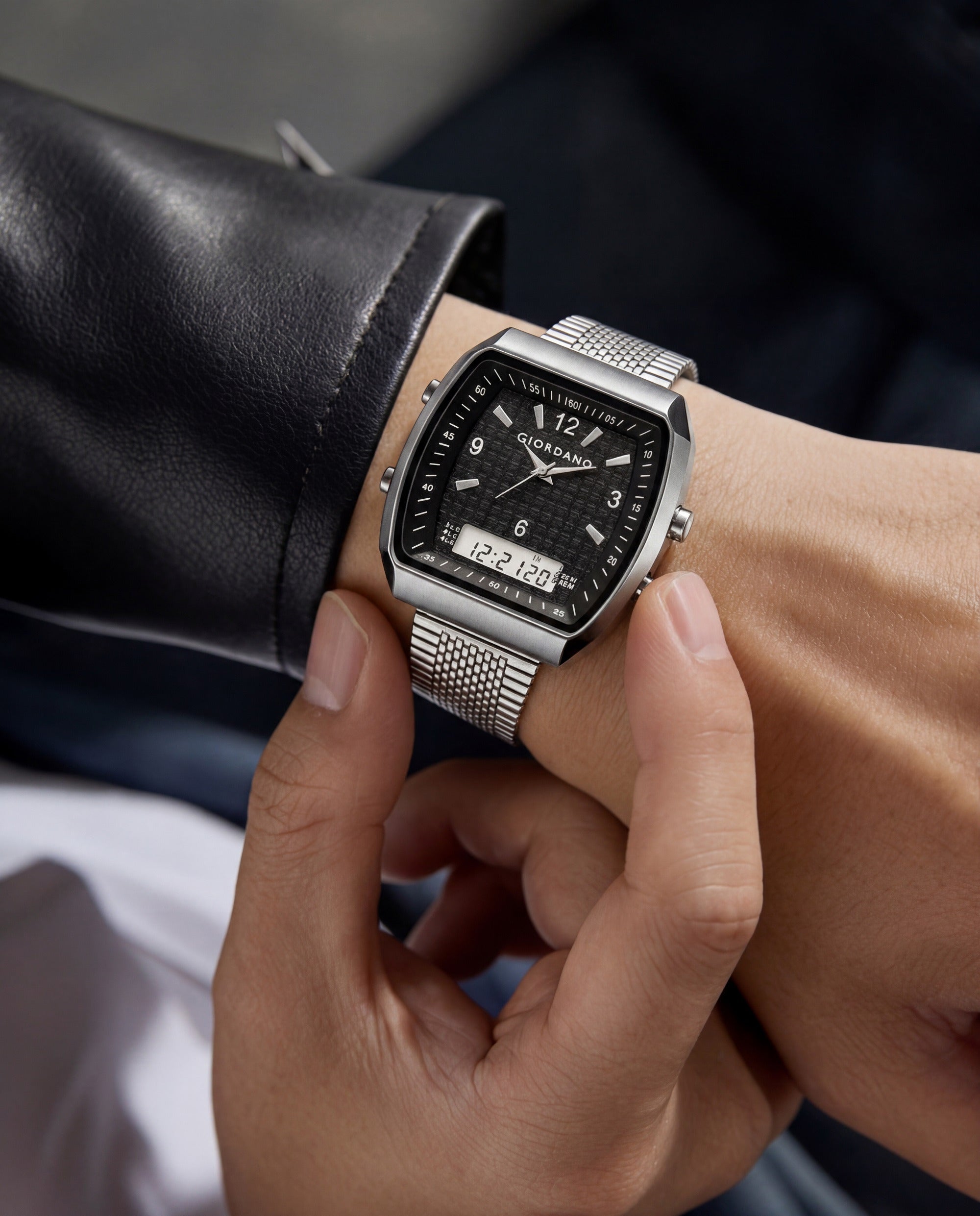 Giordano Analog-Digital Square Watch for Men Dual Time Display, Quartz Movement, Day Display, Textured Dial and Black Stainless Steel Strap - GZ-50219-22