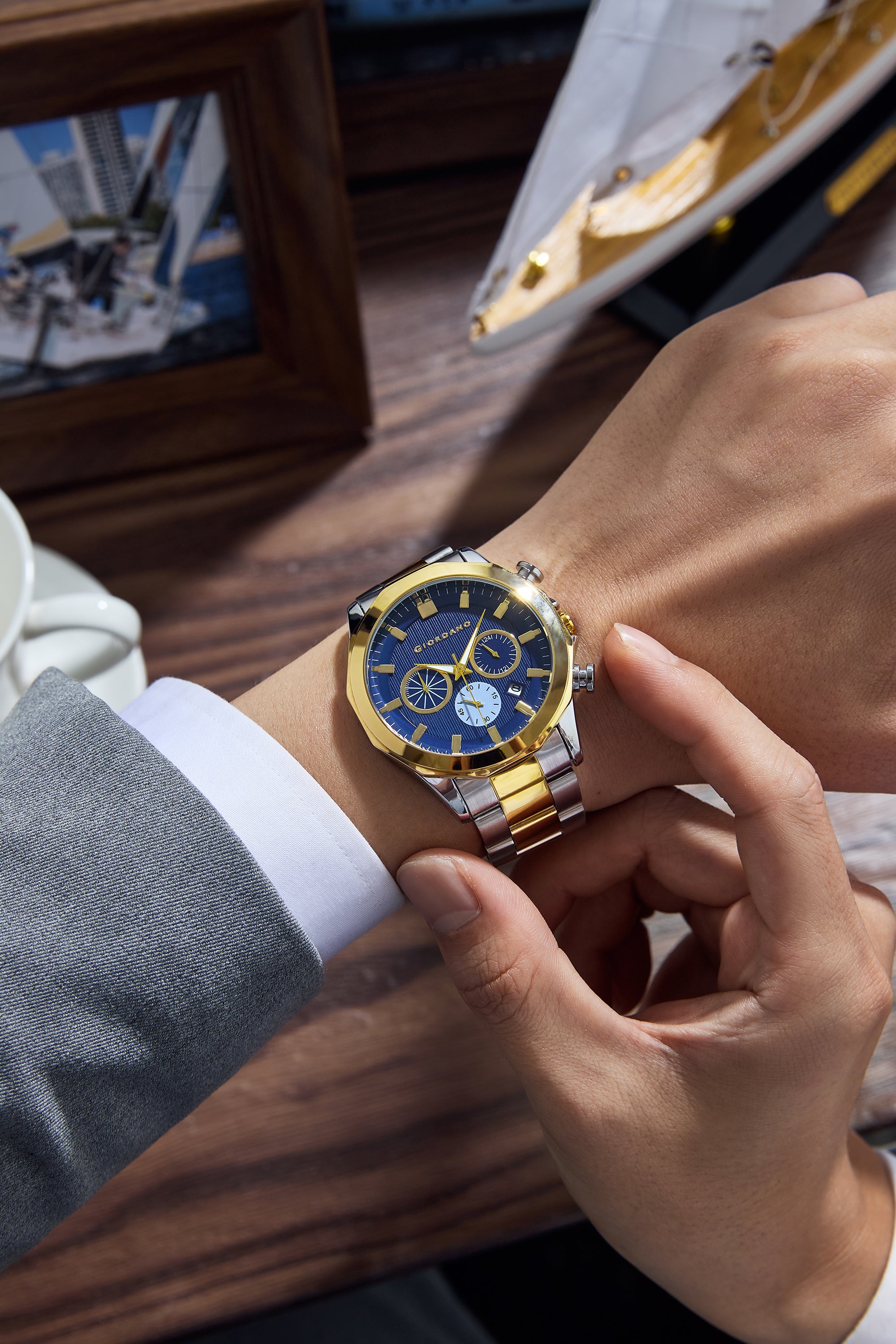 Giordano Analog Quartz Watch for Men with Round Blue Textured Dial, Multifunction Sub-Dials, Date Display and Silver & Gold Two-Tone Stainless Steel Strap - GZ-50036-55