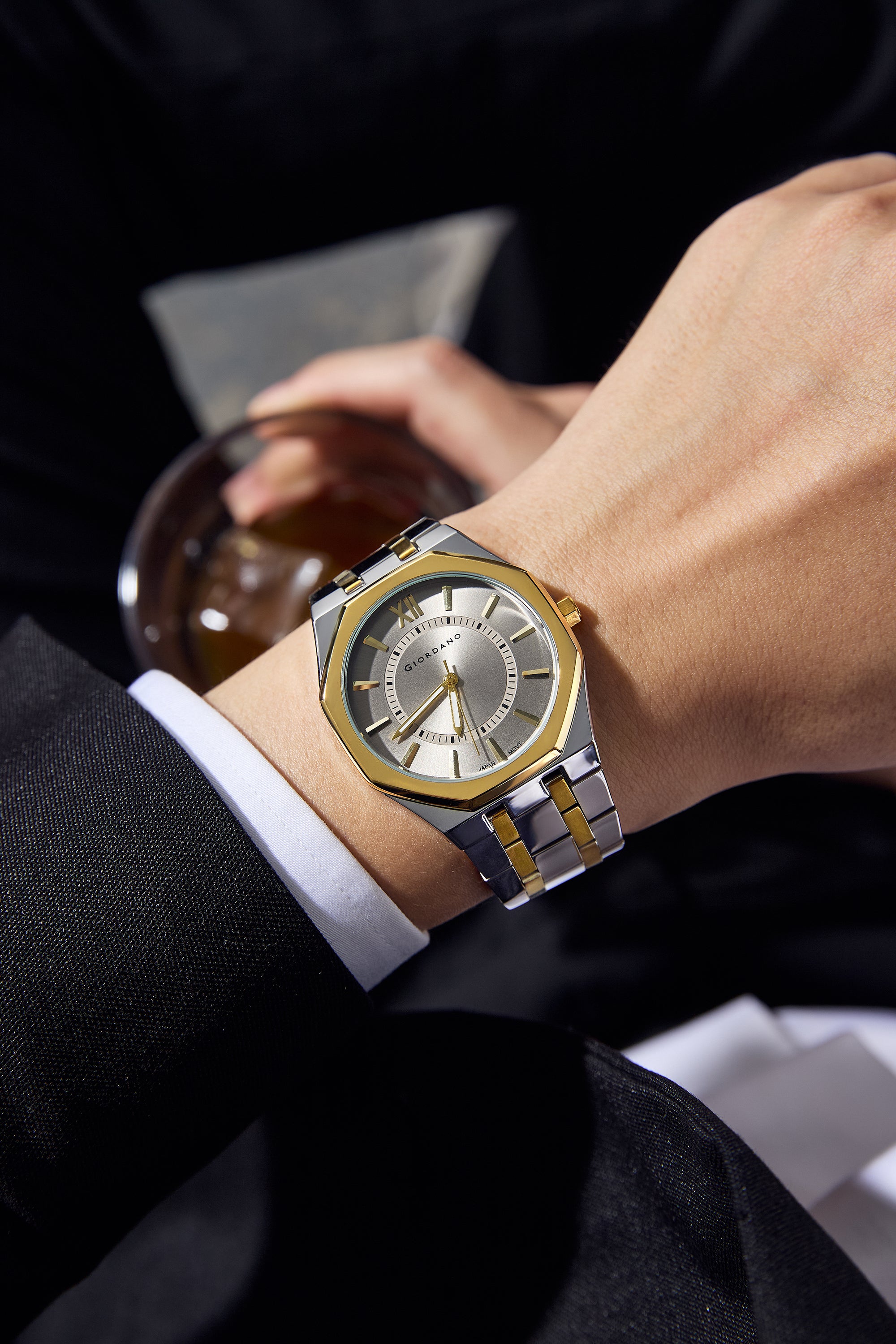 Giordano Analog Quartz Watch for Men with Grey Sunray Round Dial, Roman XII & Luminous Hands Markers, Faceted Octagonal Bezel and Two-Tone Gold & Silver Stainless Steel Strap - GZ-50191-66