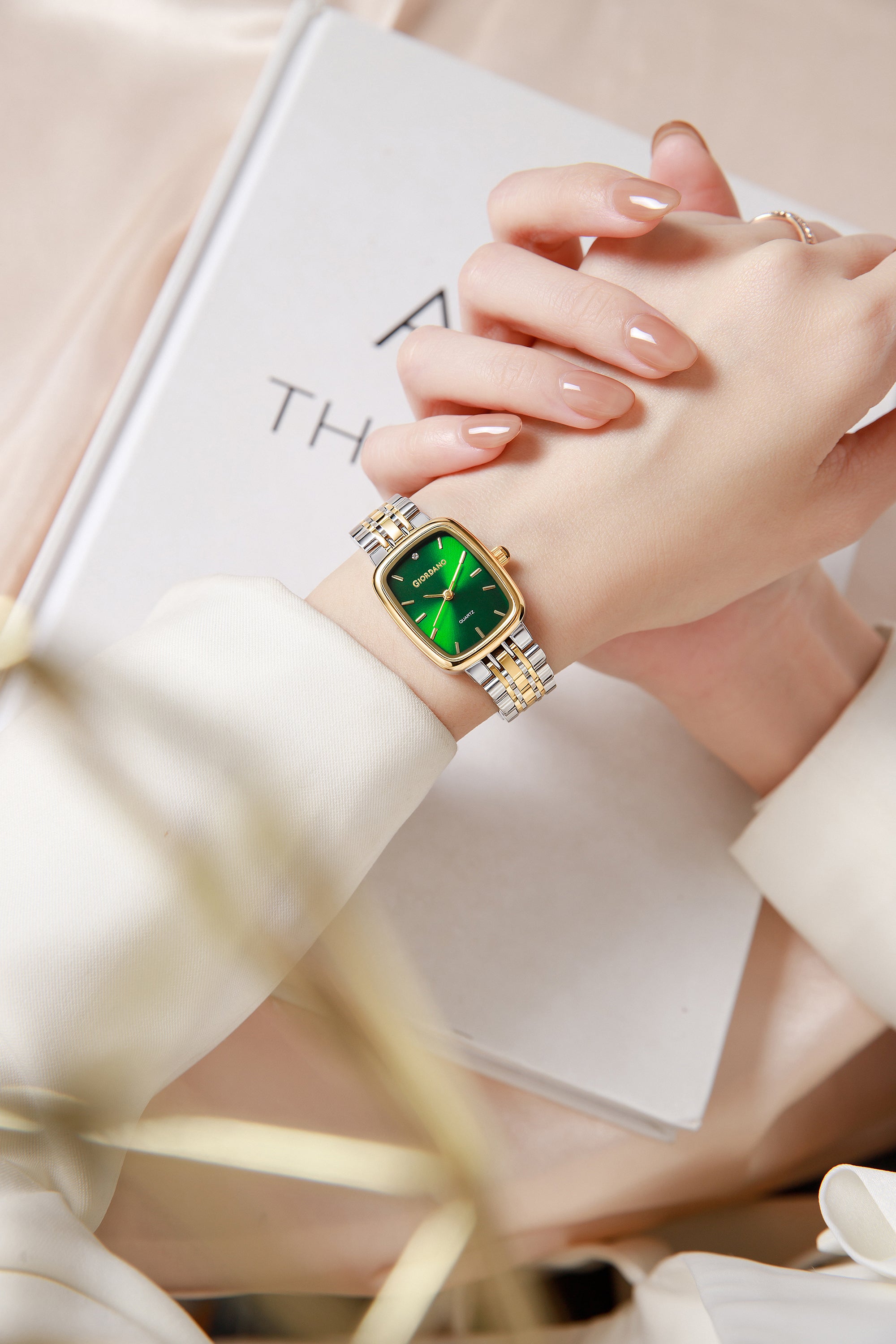 Giordano Analog Quartz Watch for Women with Rectangular Green Dial, Blue Crown, Silver and Gold Stainless Steel Strap - GZ-60150-33