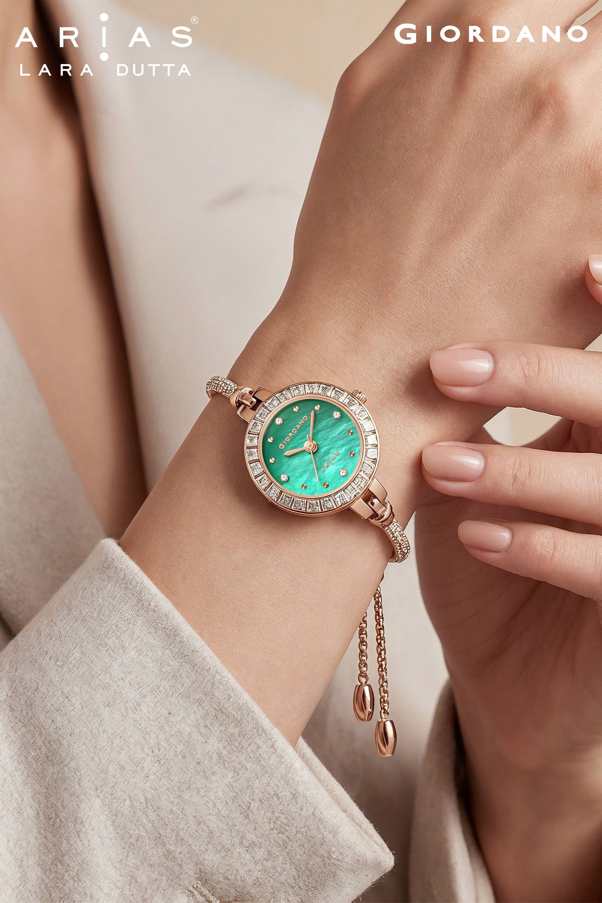 Giordano Arias by Lara Dutta Signature Collection Analog Quartz Watch for Women with Mother-of-Pearl Dial, Baguette-Cut Crystal Studded Bezel and Rose Gold Adjustable Chain Bracelet Strap GZ-60178-22