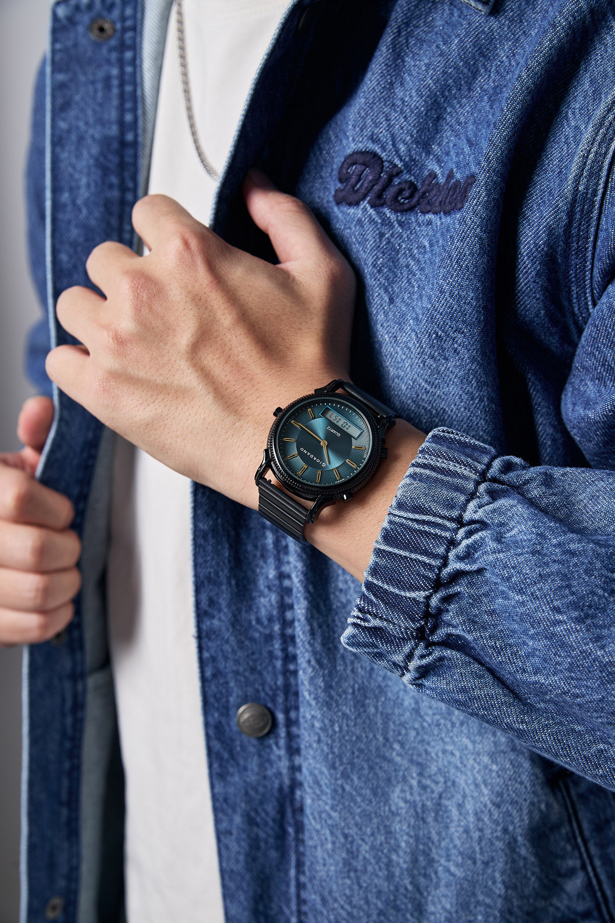 Giordano Analog-Digital Watch for Men - Round Blue Dial with Dual Display, Quartz Movement and Black Stainless Steel Strap - GZ-50209-22