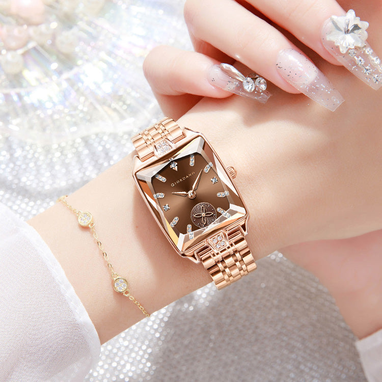 Giordano Analog Watch For Women - Rectangular Dial, Crystal Hour Markers And Rose Gold Stainless Steel Strap GZ-60102-11