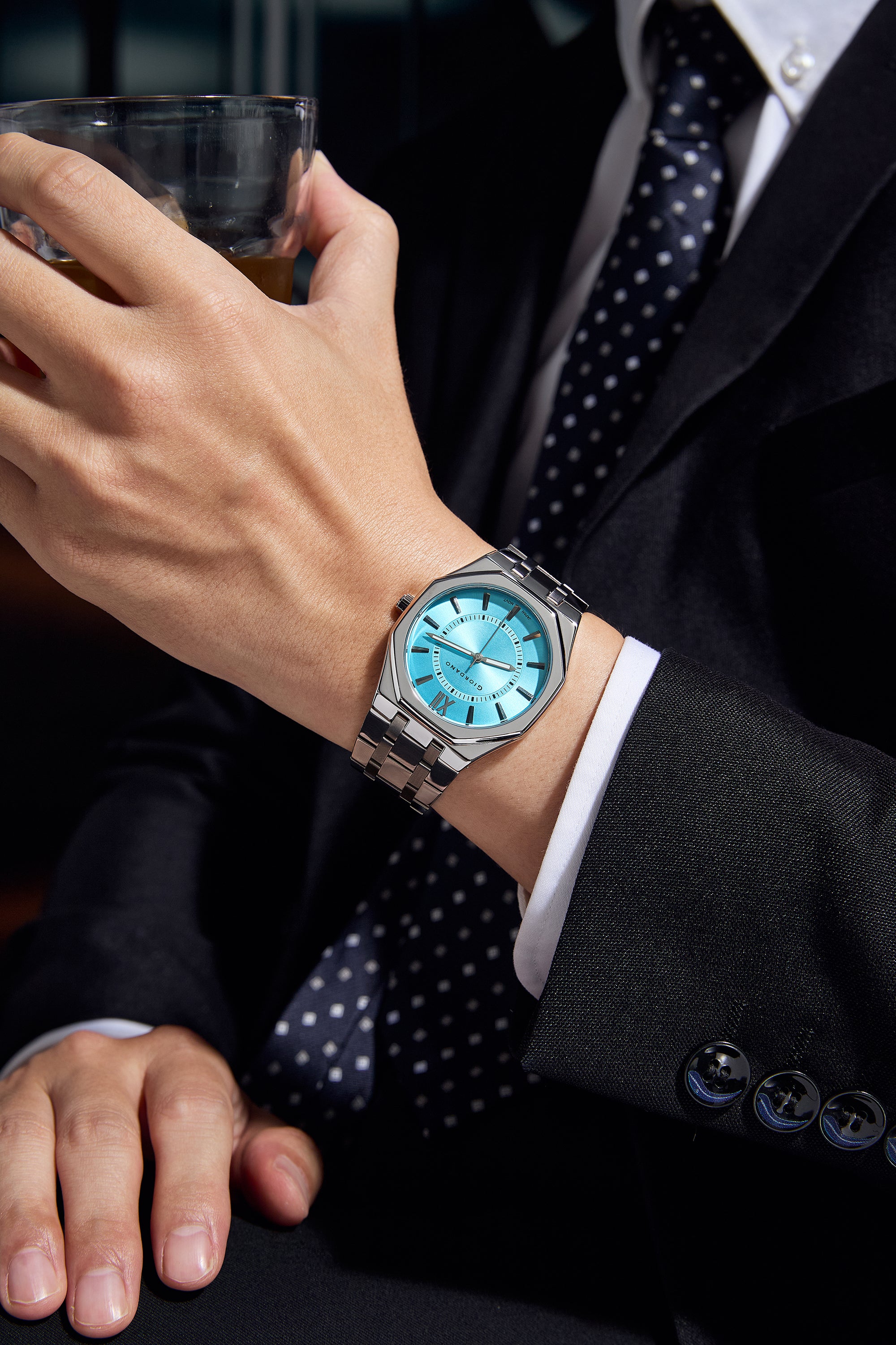 Giordano Analog Quartz Watch for Men with Light Blue Sunray Round Dial, Roman XII & Luminous Hands Markers, Faceted Octagonal Bezel and Silver Stainless Steel Strap - GZ-50191-22