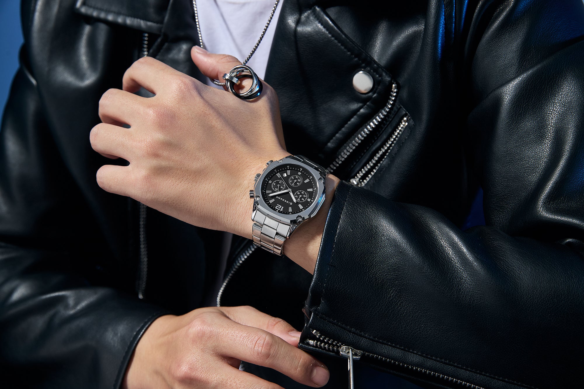 Giordano Analog Watch for Men with Chronograph Subdials, Round Black Dial Date Window, Quartz Movement Silver Stainless Steel Strap GZ-50203-44