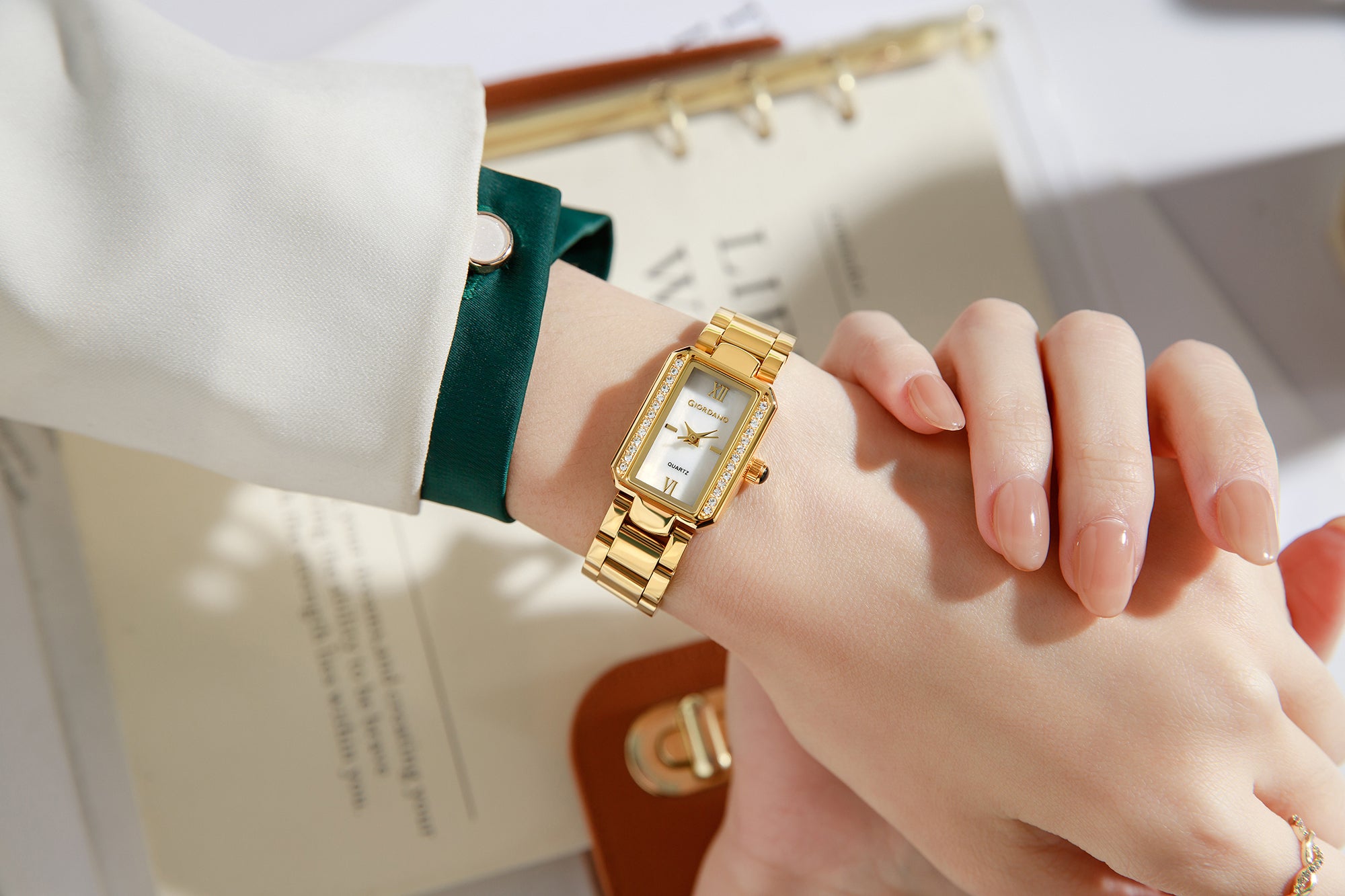 Giordano Analog Quartz Watch for Women with sunray Rectangle White Dial, Roman indices, Crystal studded bezel, Blue Crown, Gold Stainless Steel Strap - GZ-60167-11
