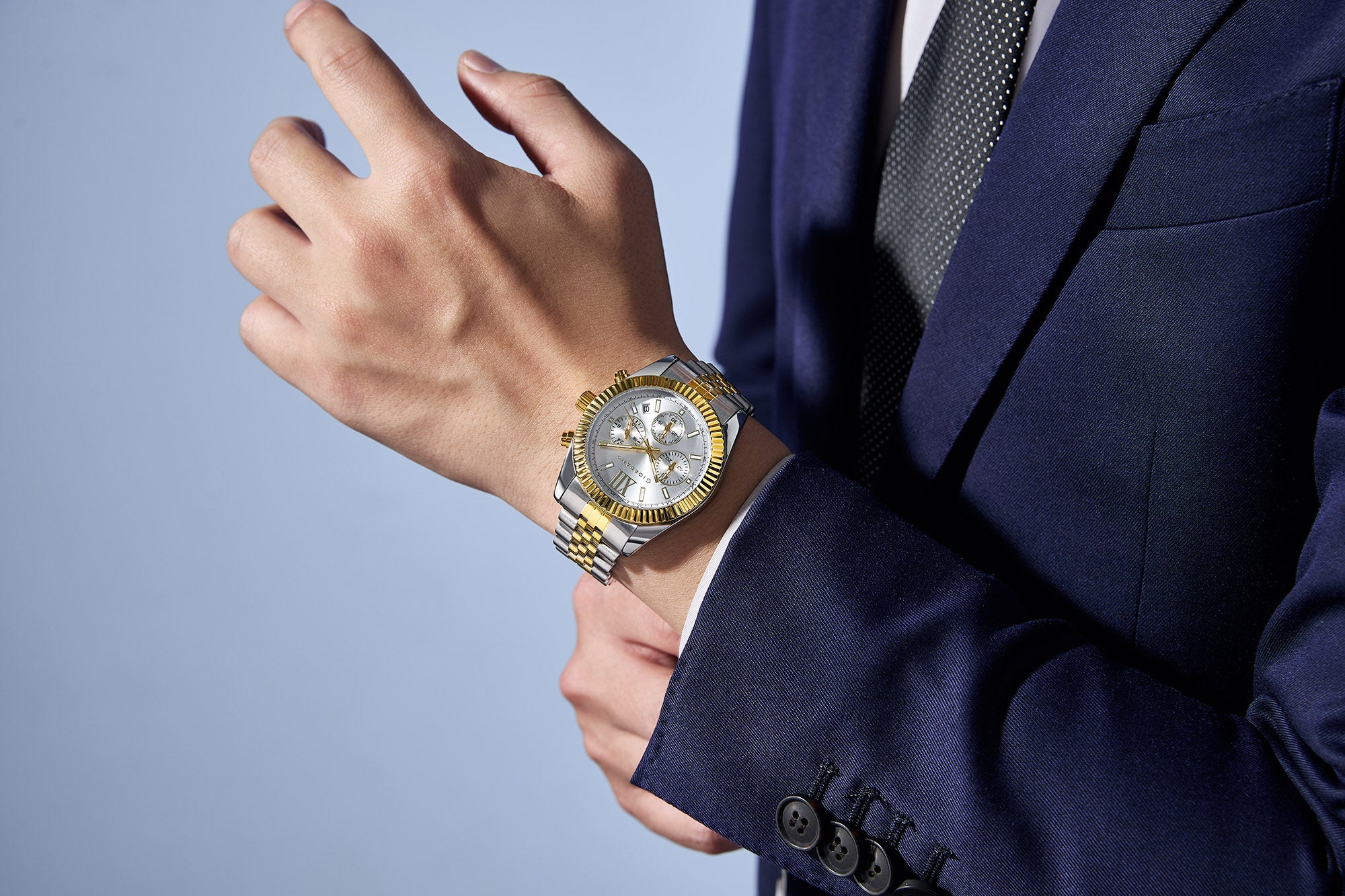 Giordano Chronograph Analog Quartz Watch for Men with Round White Dial, Roman indices, Date Function, Luminos hands and Markers, Silver and Gold Stainless Steel Strap - GZ-50217-44