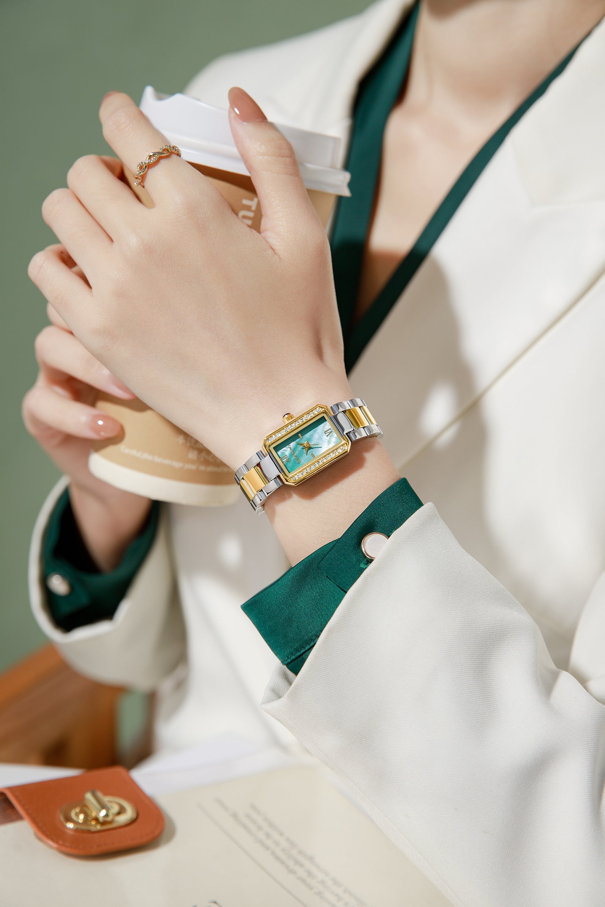 Giordano Analog Quartz Watch for Women with sunray Rectangle Green Dial, Roman indices, Crystal studded bezel, Blue Crown, Silver and Gold Stainless Steel Strap - GZ-60167-33
