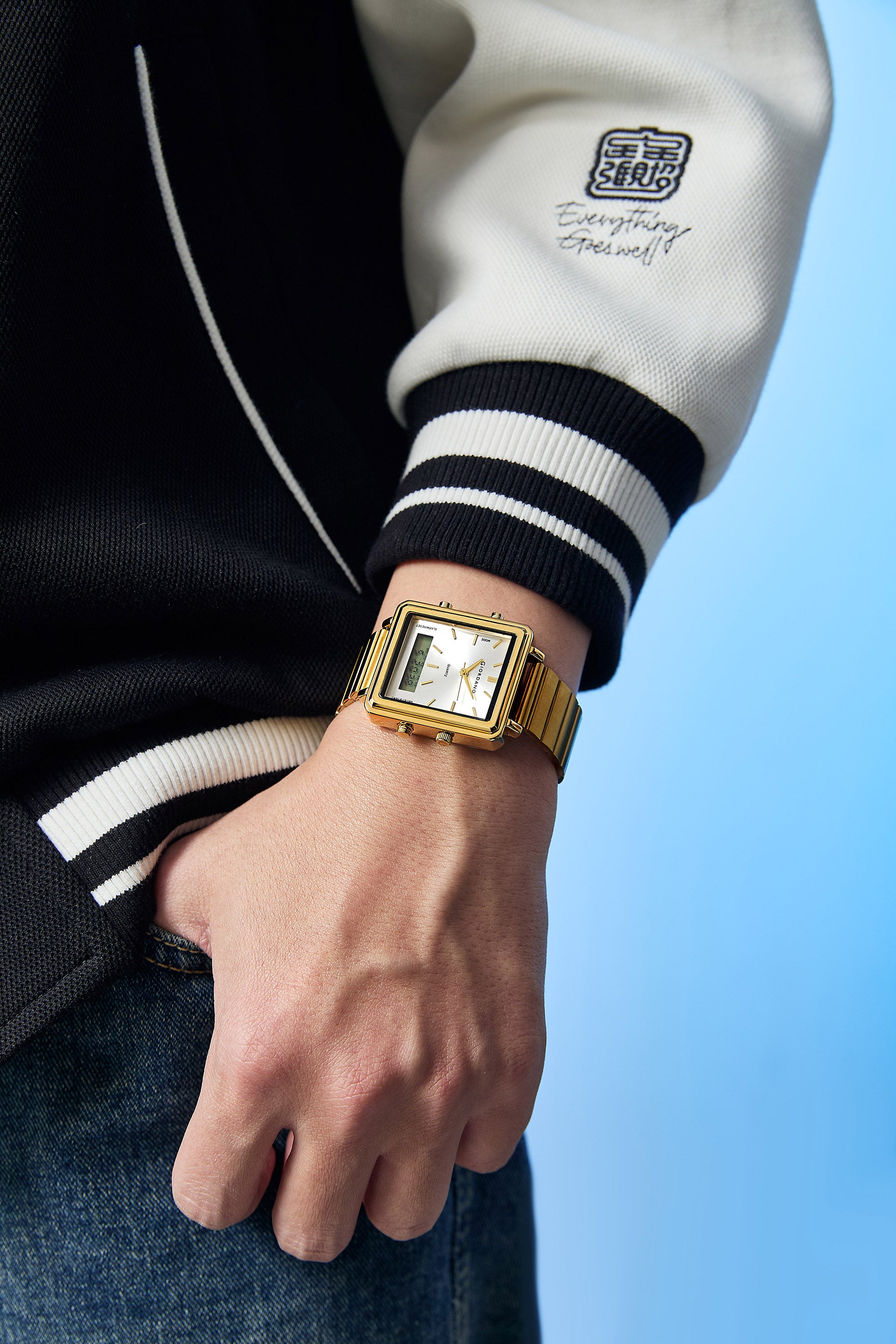 Giordano Analog Digital Watch for Men with Square White Dial, Dual Time Display, Gold Stainless Steel Strap - GZ-50210-33