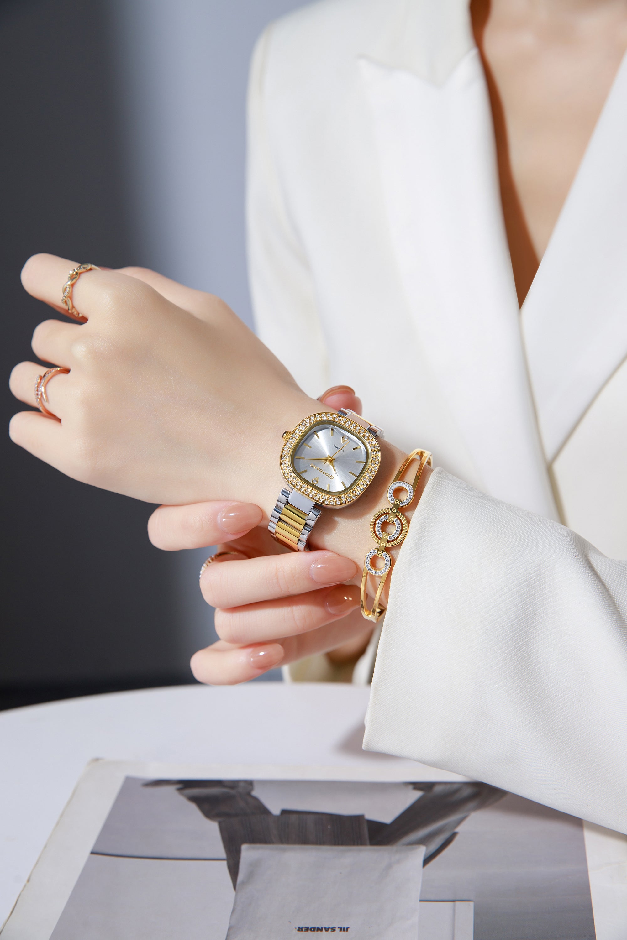 Giordano Analog Quartz Watch for Women with Bangle Square White Dial, Blue Crown, Crystal Studded Hour Markers and Bezel, Silver and Gold Stainless Steel Strap - GZ-60166-11