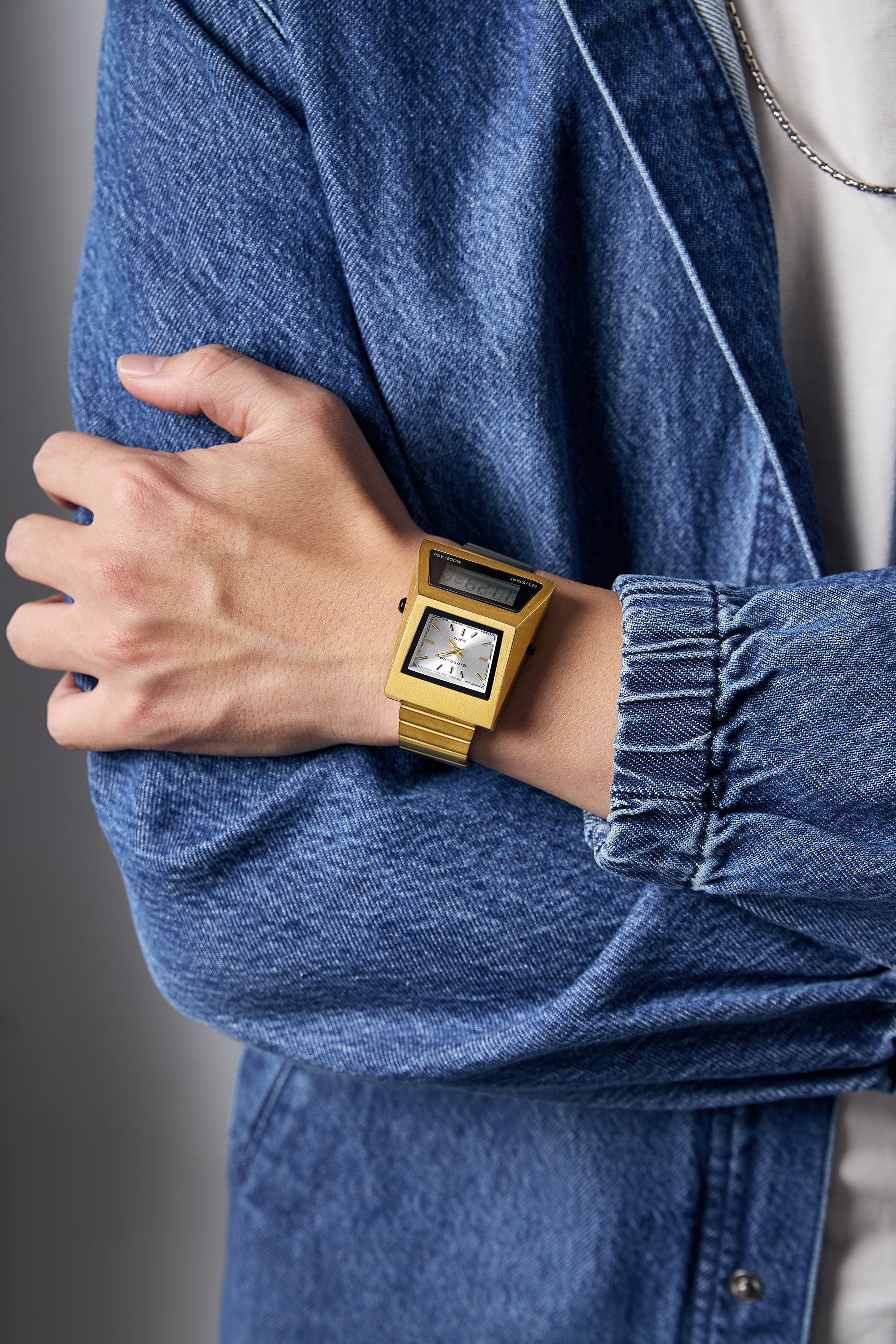 Giordano Analog Digital Watch for Men with Triangle Shape White Dial, Dual Time Display, Gold Stainless Steel Strap - GZ-50205-44