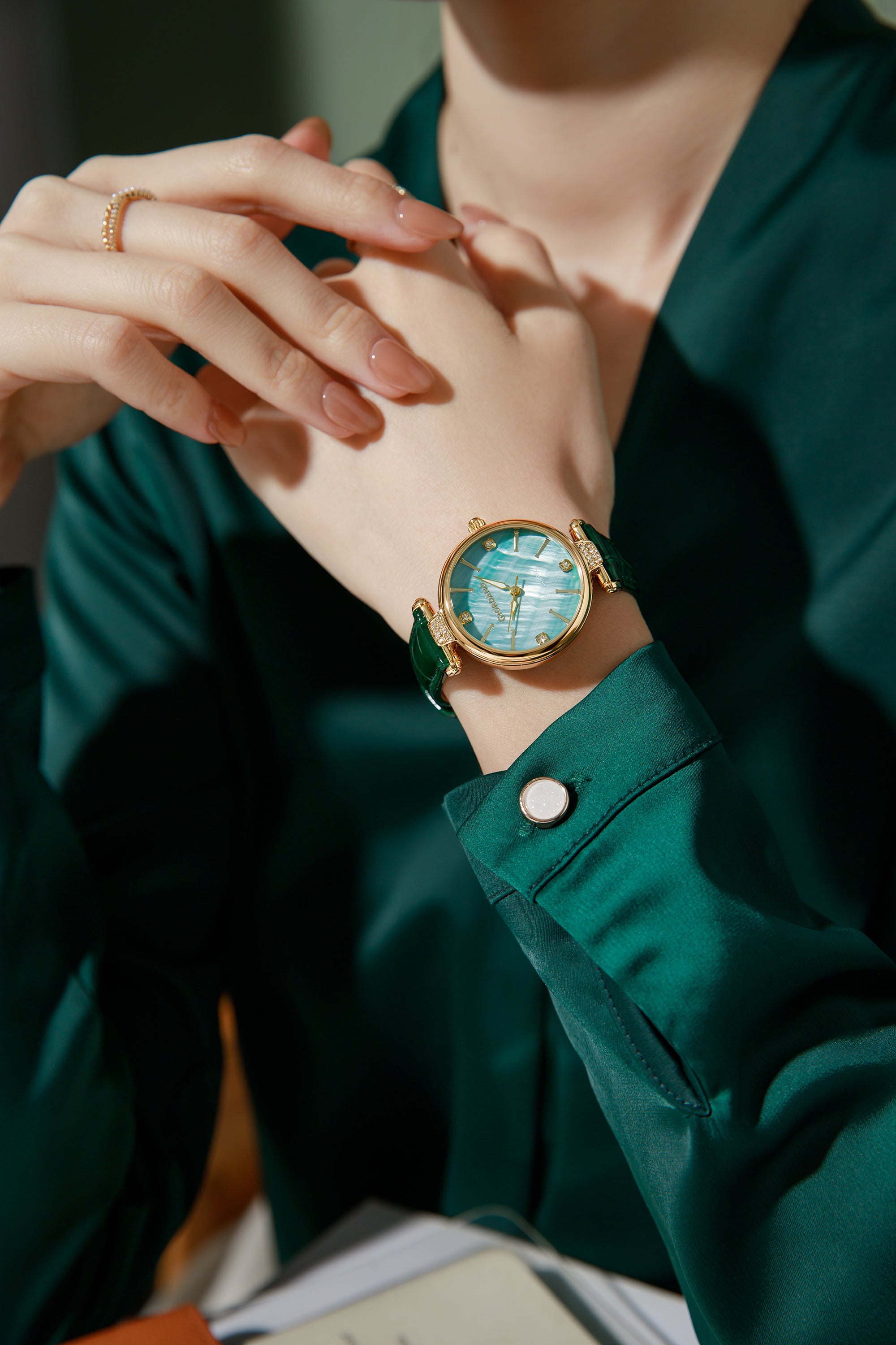 Giordano Analog Quartz Watch for Women with sunray Round Green Dial, Blue Crown, Luminos hands and Crystal hour markers, Silver Leather Strap - GZ-60161-03