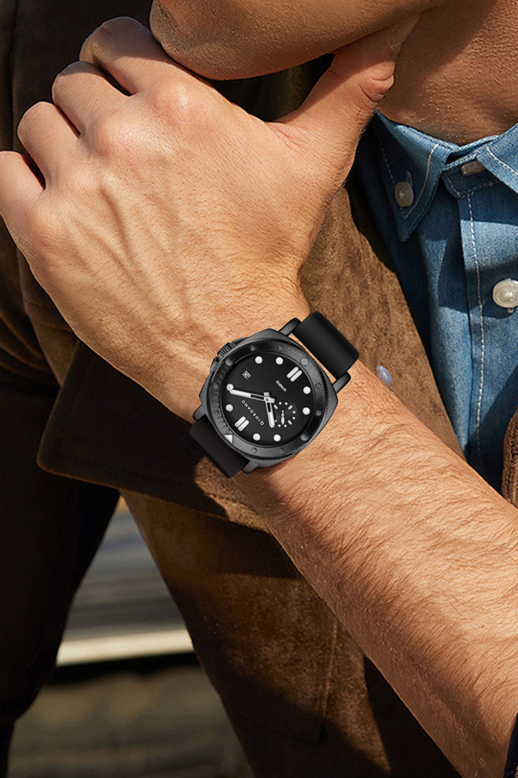 Giordano Analog Quartz Watch for Men with Round Dial, Luminous Hours Markers, Date Display, Small Seconds Sub-Dial and Wavy Pattern Silicone Strap - GZ-50214-01