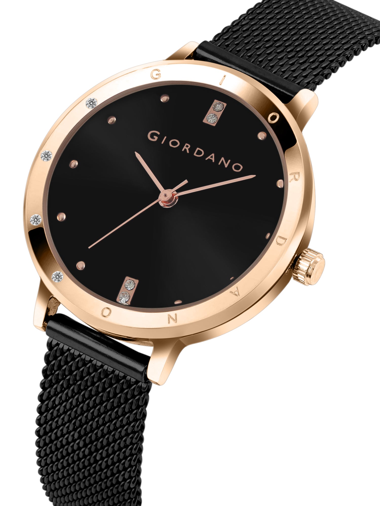 Giordano Analog Watch for Women with Round Black Sunray Dial, Crystal Studded Bezel, Quartz Movement and Black Stainless Steel Mesh Strap A2085-55