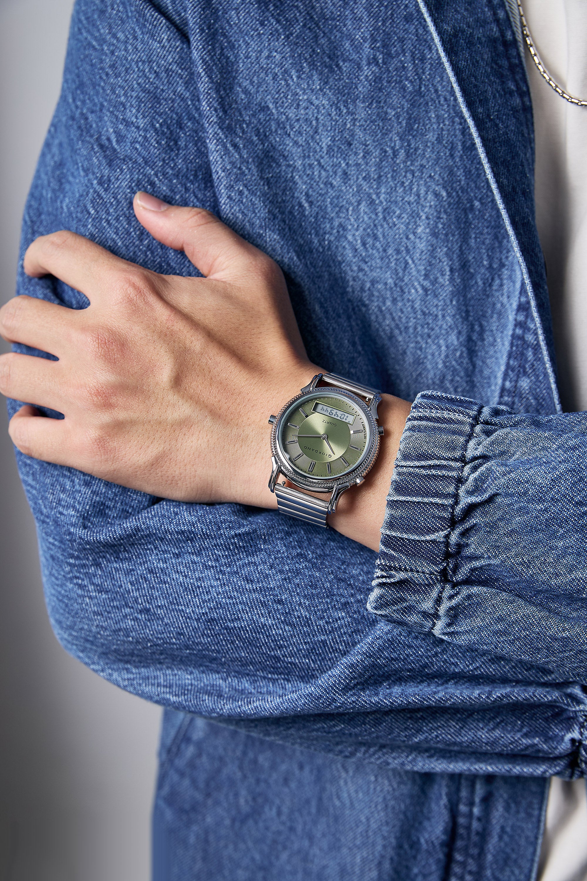 Giordano Analog-Digital Watch for Men - Round Green Dial with Dual Display, Quartz Movement and Silver Stainless Steel Strap - GZ-50209-44