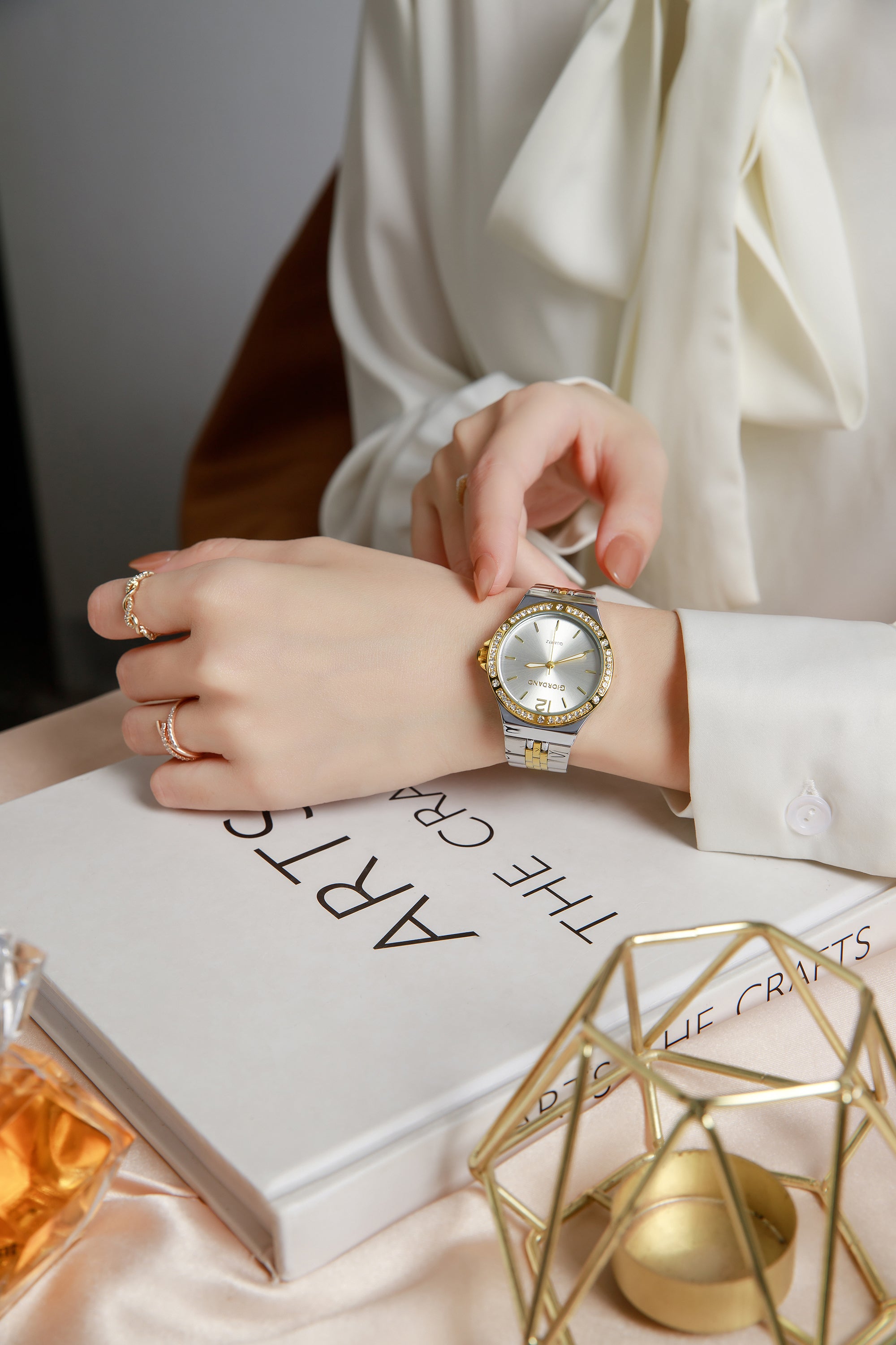 Giordano Analog Quartz Watch for Women with Round White Dial, Crystal Studded Bezel, Blue Crown, Luminous Hands, Silver and Gold Stainless Steel Strap - GZ-60159-66