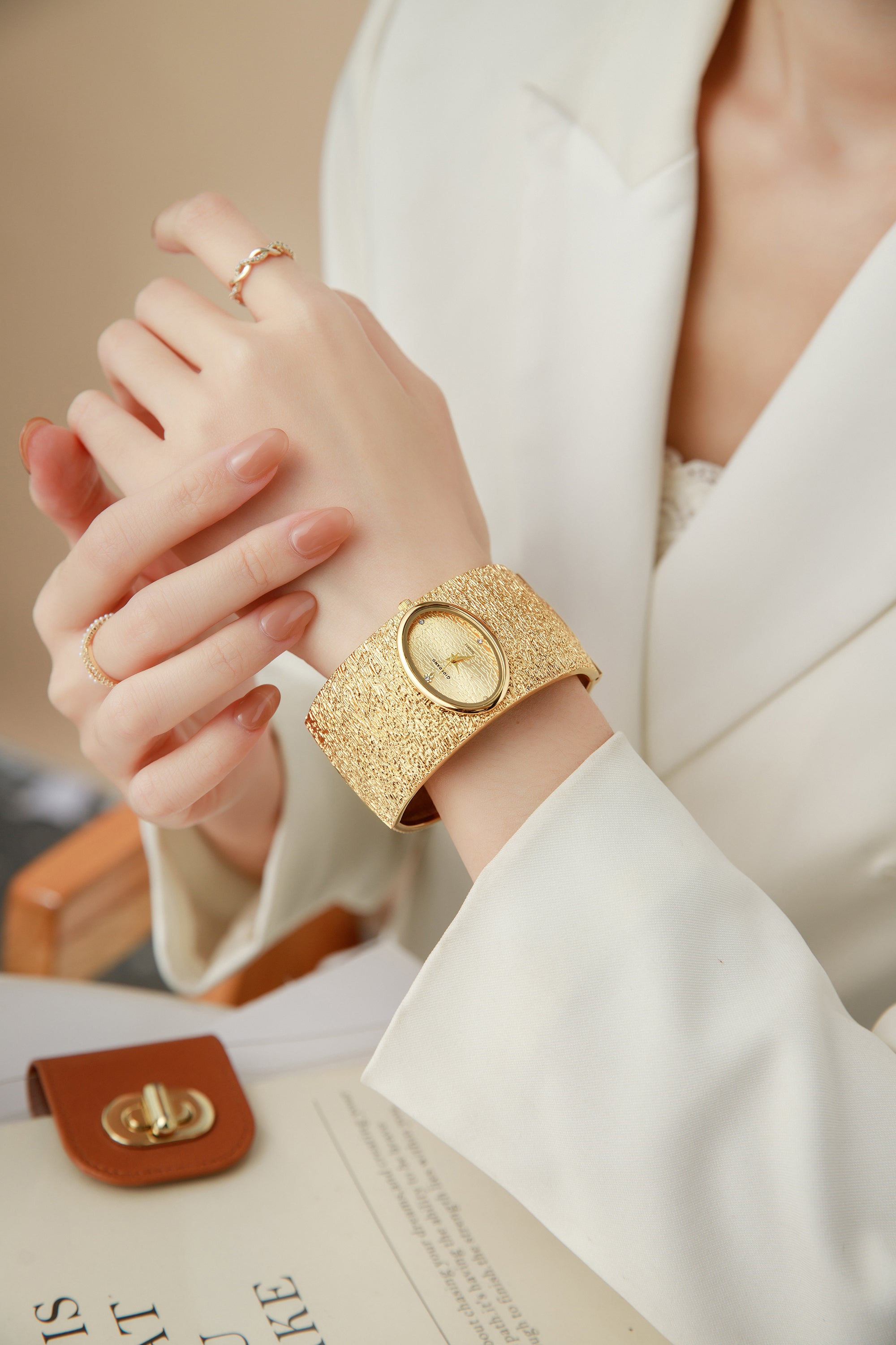 Giordano Analog Quartz Watch for Women with Oval Gold Textured Dial, Crystal Hour Markers, Stainless Steel Bangle Strap - GZ-60171-22