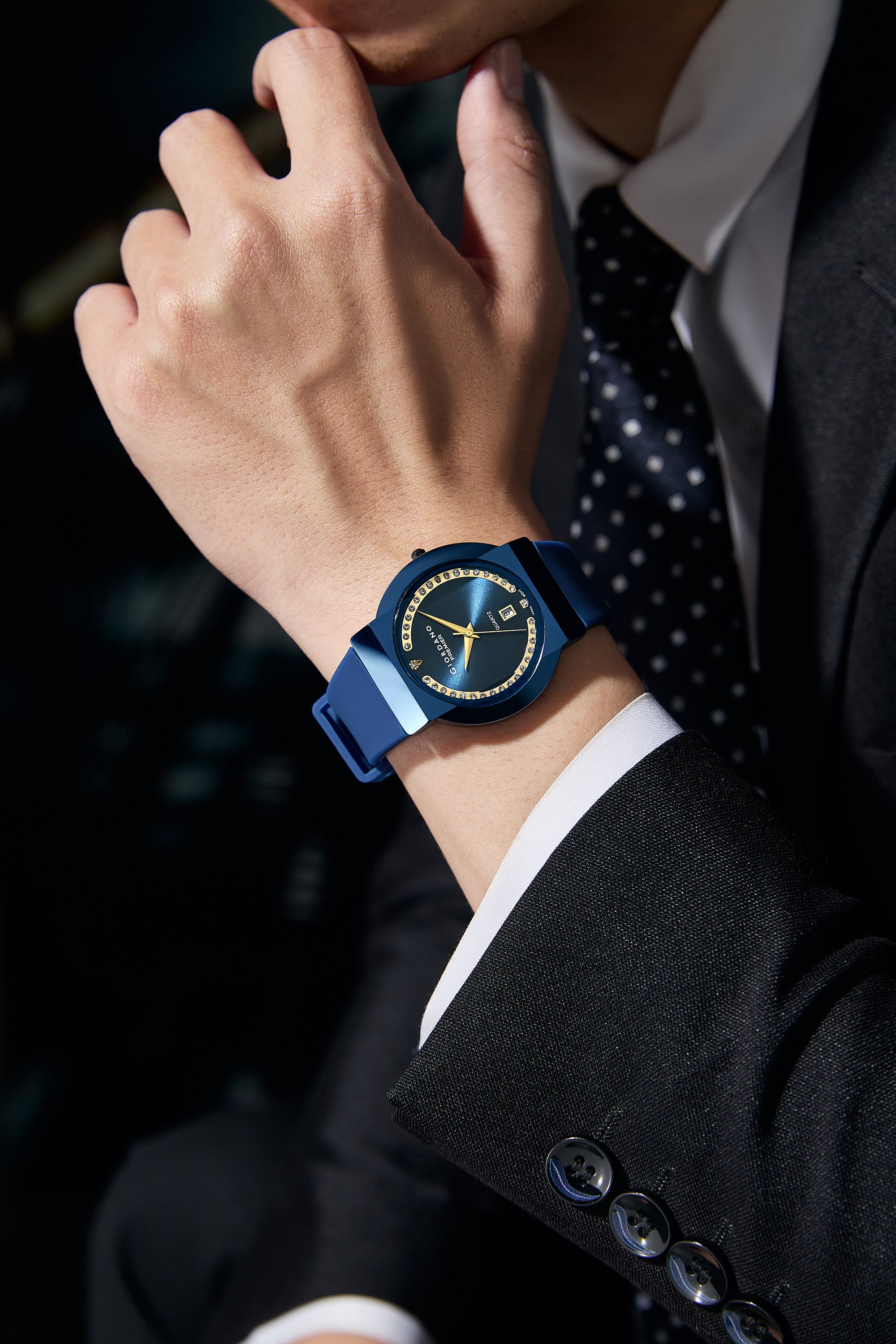 Giordano Premier Analog Quartz Watch for Women with Round Blue Dial, Crystal Studded Bezel, Date Display, Blue Case & Silicone Strap - GZ-50228-03