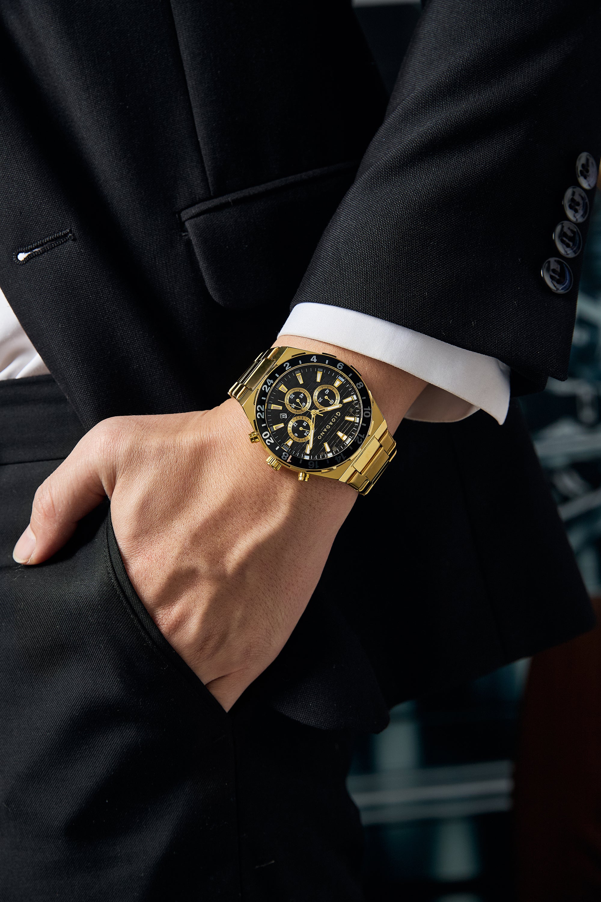Giordano Chronograph Watch for Men with Texured Round Black Dial with Gold Accents, Date Display and Tachymeter Bezel, Gold Stainless Steel Strap - GZ-50198-44