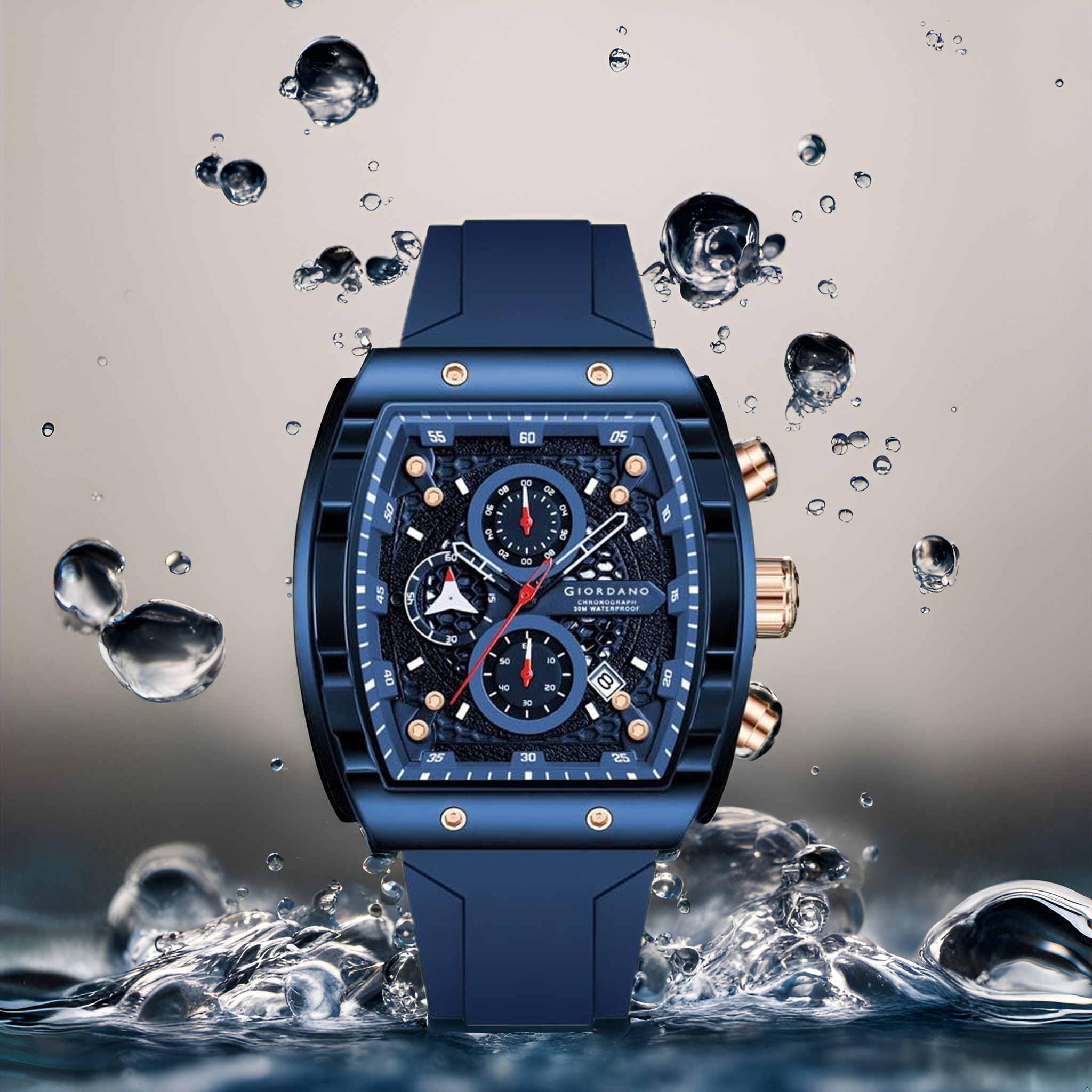 Giordano Blue Square Dial Multifuncational Watch for Men with Stylish Design, Waterproof, Date Display & Silicone Strap GZ-50123-04