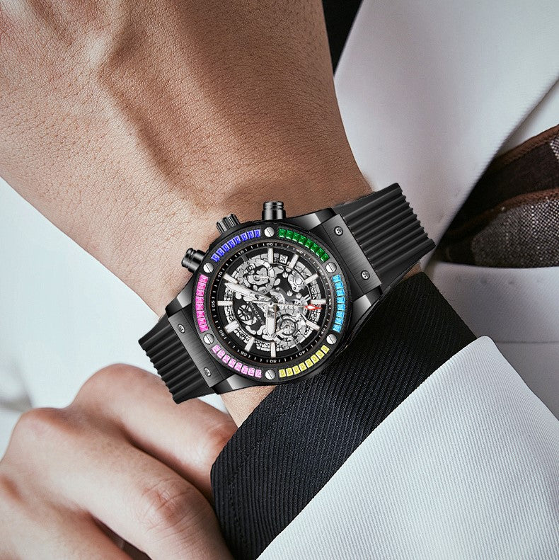 Giordano Multi-Function Watch for Men | Rainbow Crystal Bezel | Skeleton Dial | Black Sillicon Strap | GZ-50130-01