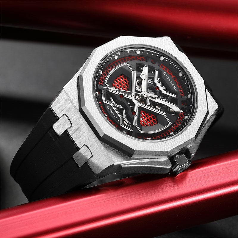 Giordano Red Automatic Unique Watch for Men with Stainless Steel Case, Silicone Strap, Luxury Design & Water Resistant GZ-50125-03