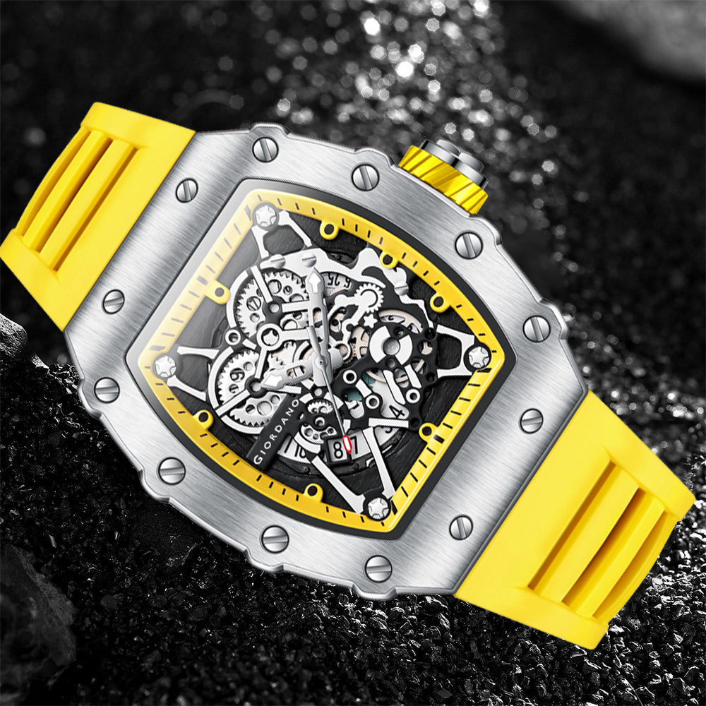 Giordano Analog Watch for Men - Skeleton-Style Dial | Brushed Steel Case with Silicone Strap | GZ-50127-05