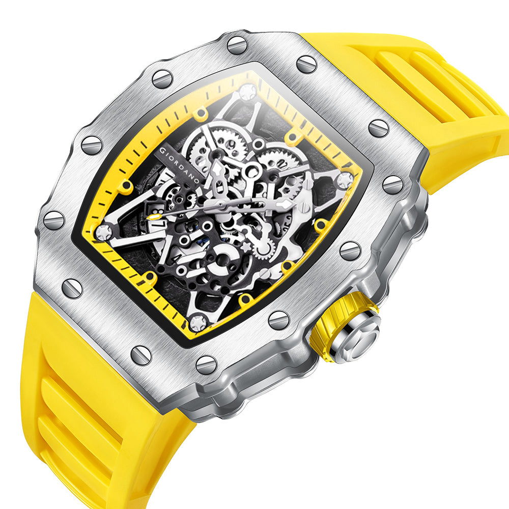 Giordano Analog Watch for Men - Skeleton-Style Dial | Brushed Steel Case with Silicone Strap | GZ-50127-05