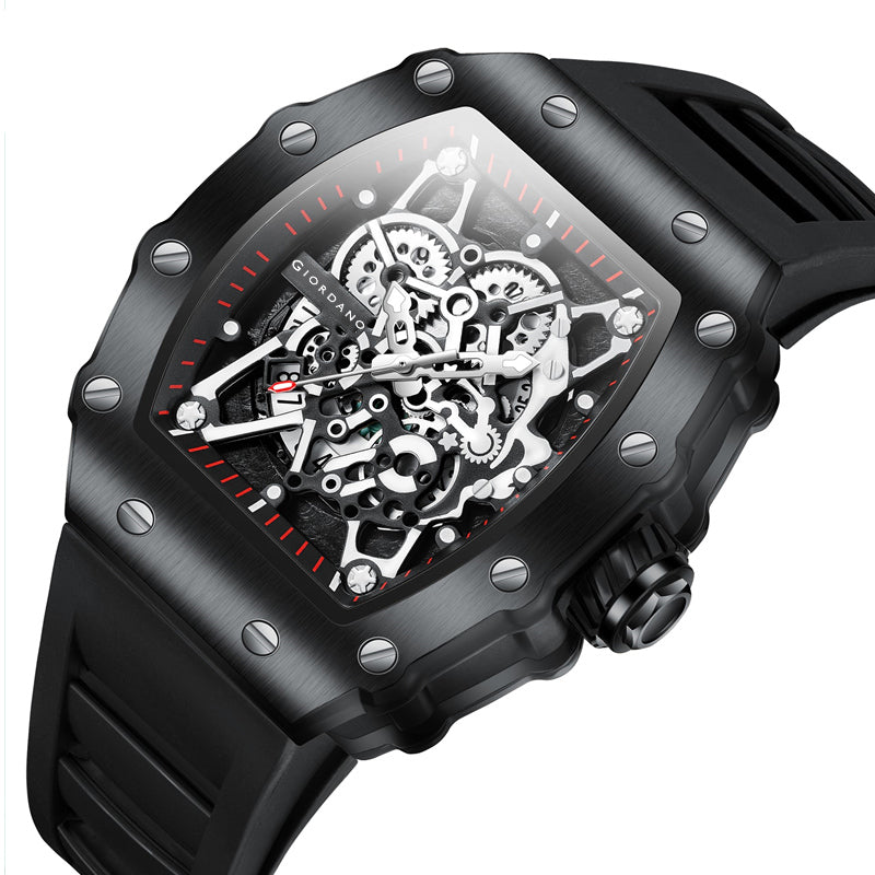 Giordano Analog Watch for Men - Skeleton-Style Dial | Brushed Steel Case with Silicone Strap | GZ-50127-01