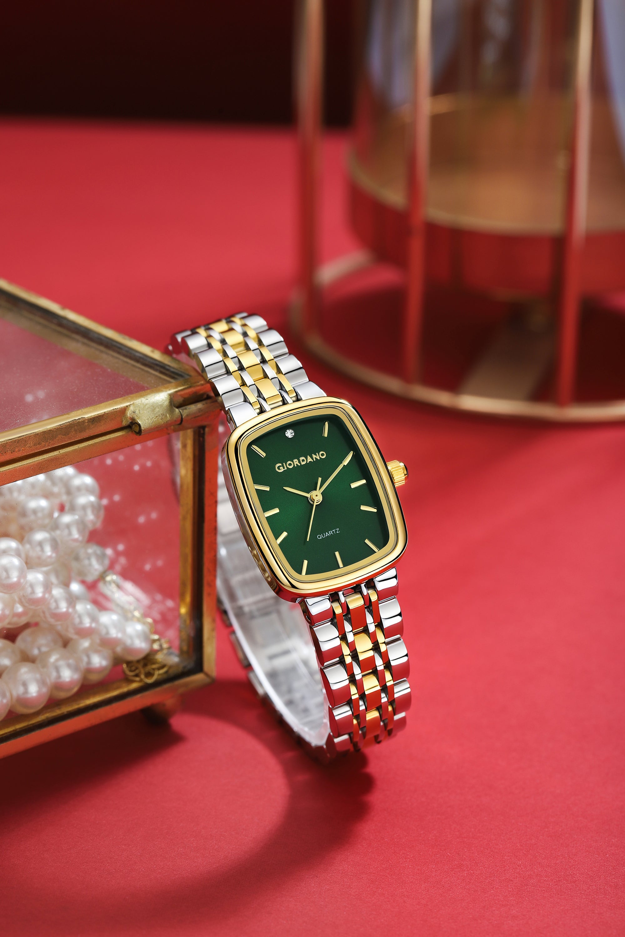 Giordano Analog Quartz Watch for Women with Rectangular Green Dial, Blue Crown, Silver and Gold Stainless Steel Strap - GZ-60150-33