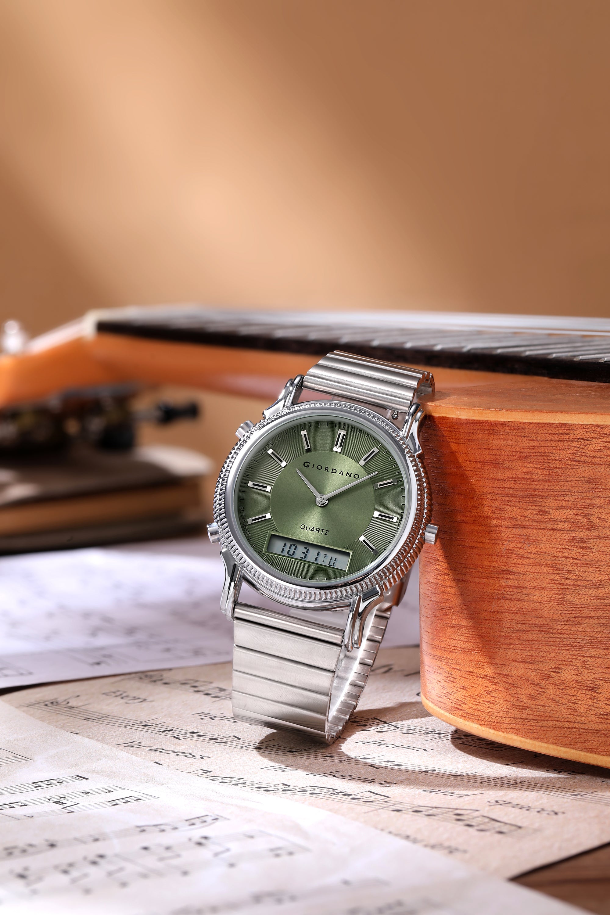 Giordano Analog-Digital Watch for Men - Round Green Dial with Dual Display, Quartz Movement and Silver Stainless Steel Strap - GZ-50209-44