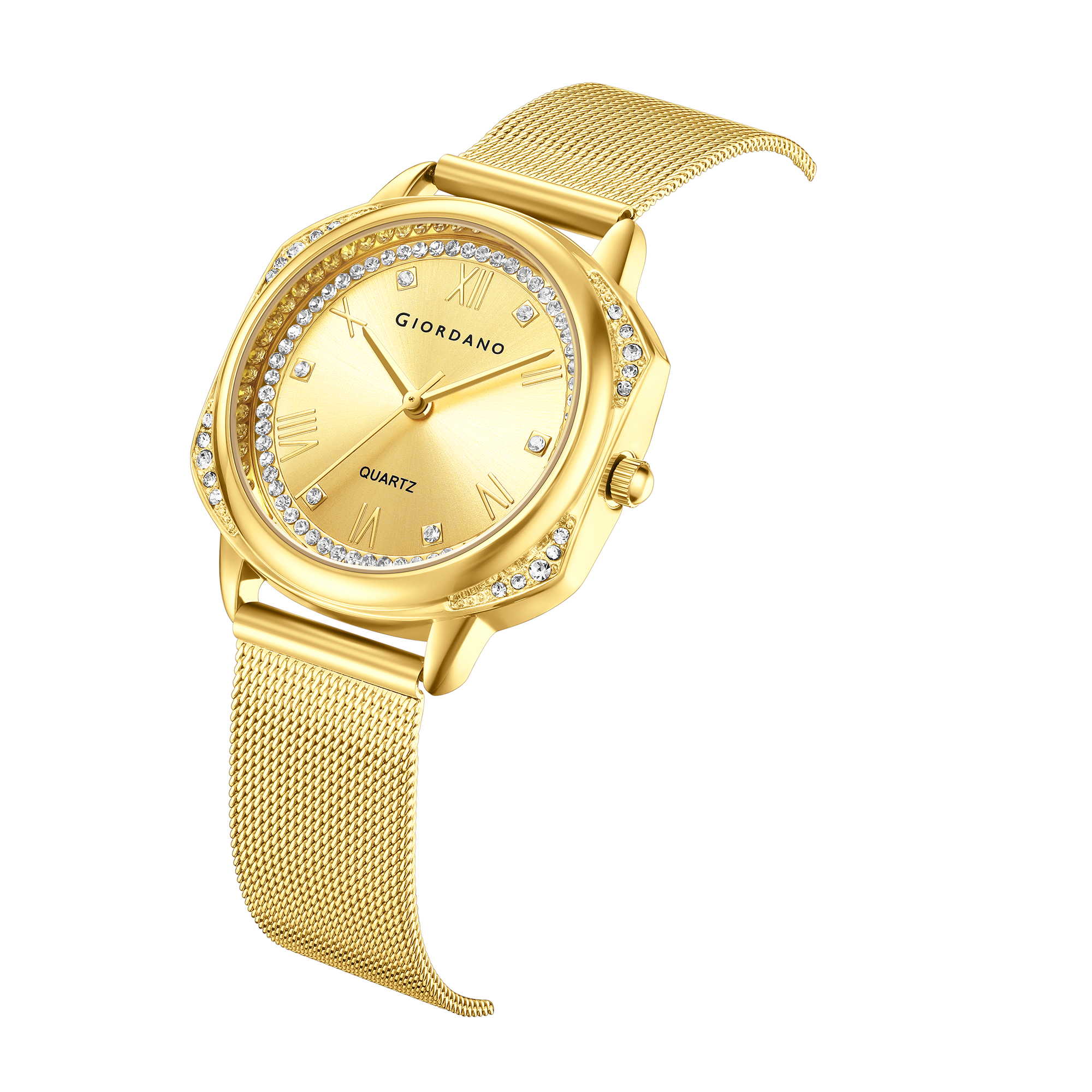 Giordano Gold Analog Quartz Watch Gift Set for Women – 3 Piece Combo with Mesh Strap, Roman Numeral Crystal Studded Dial, Pendant Necklace & Bangle Bracelet, Fashion Jewelry Set - GZ-60183-11