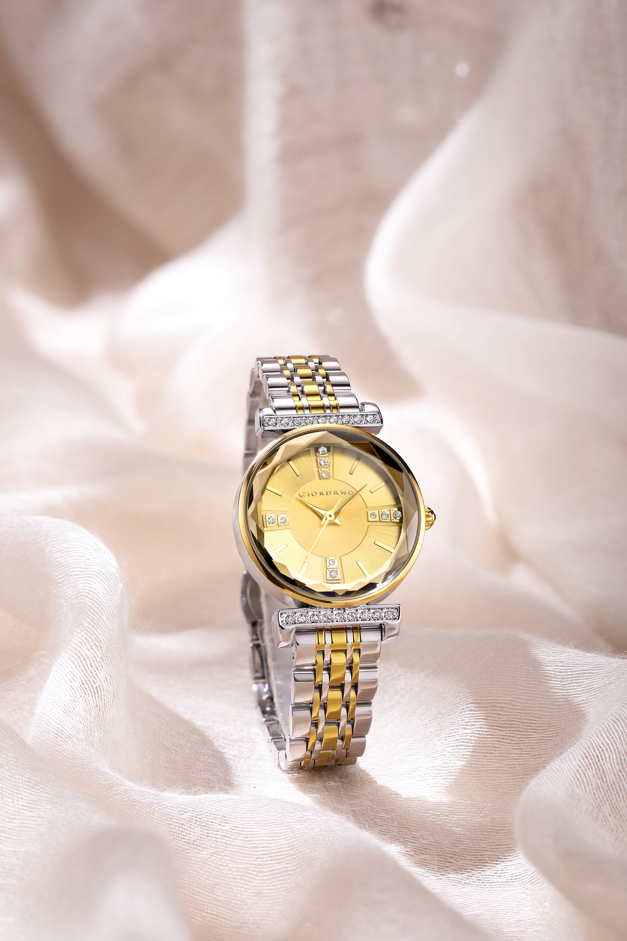 Giordano Analog Quartz Watch for Women with Gold Round Sunray Dial, Crystal Hour Markers, Crystal-Studded Bezel and Gold & Silver Two-Tone Stainless Steel Strap - GZ-60084-66