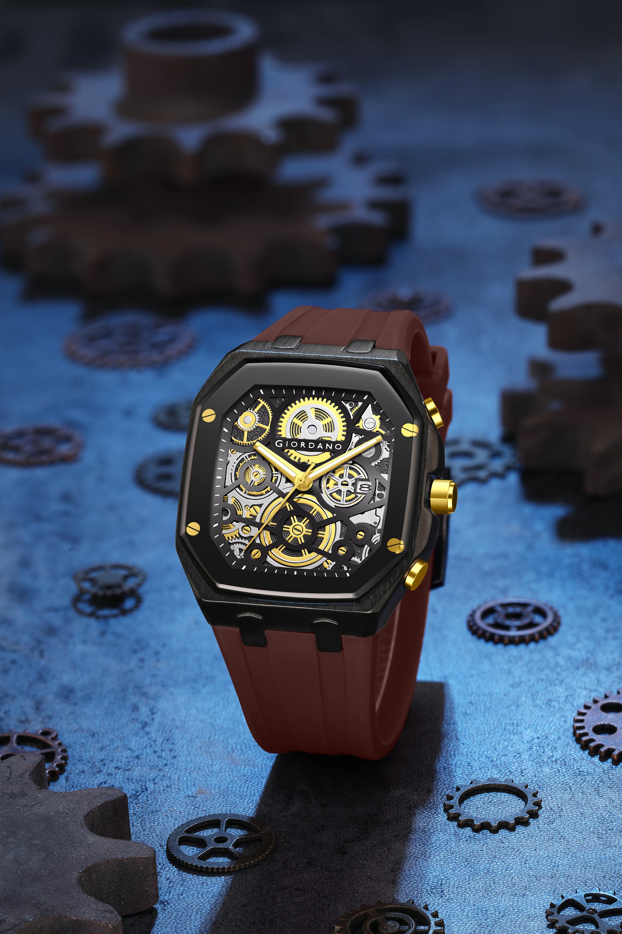 Giordano Skeleton Dial Analog Watch for Men – Black Tone Case, Brown Silicone Strap, Date Display & Transparent Mechanical Design GZ-50221-06