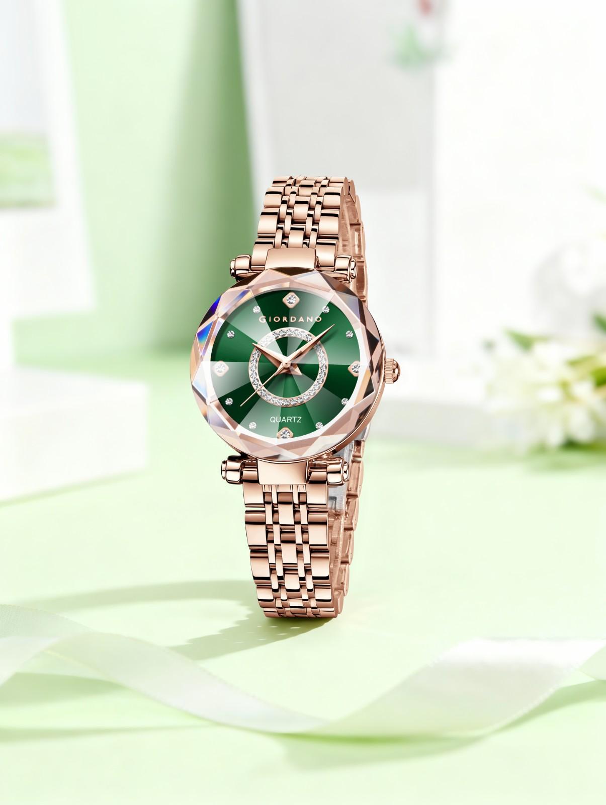 Giordano Analog Watch for Women – Round Dial with Crystal Accents, Rose Gold Stainless Steel Strap, Elegant Timepiece - GZ-60138-33