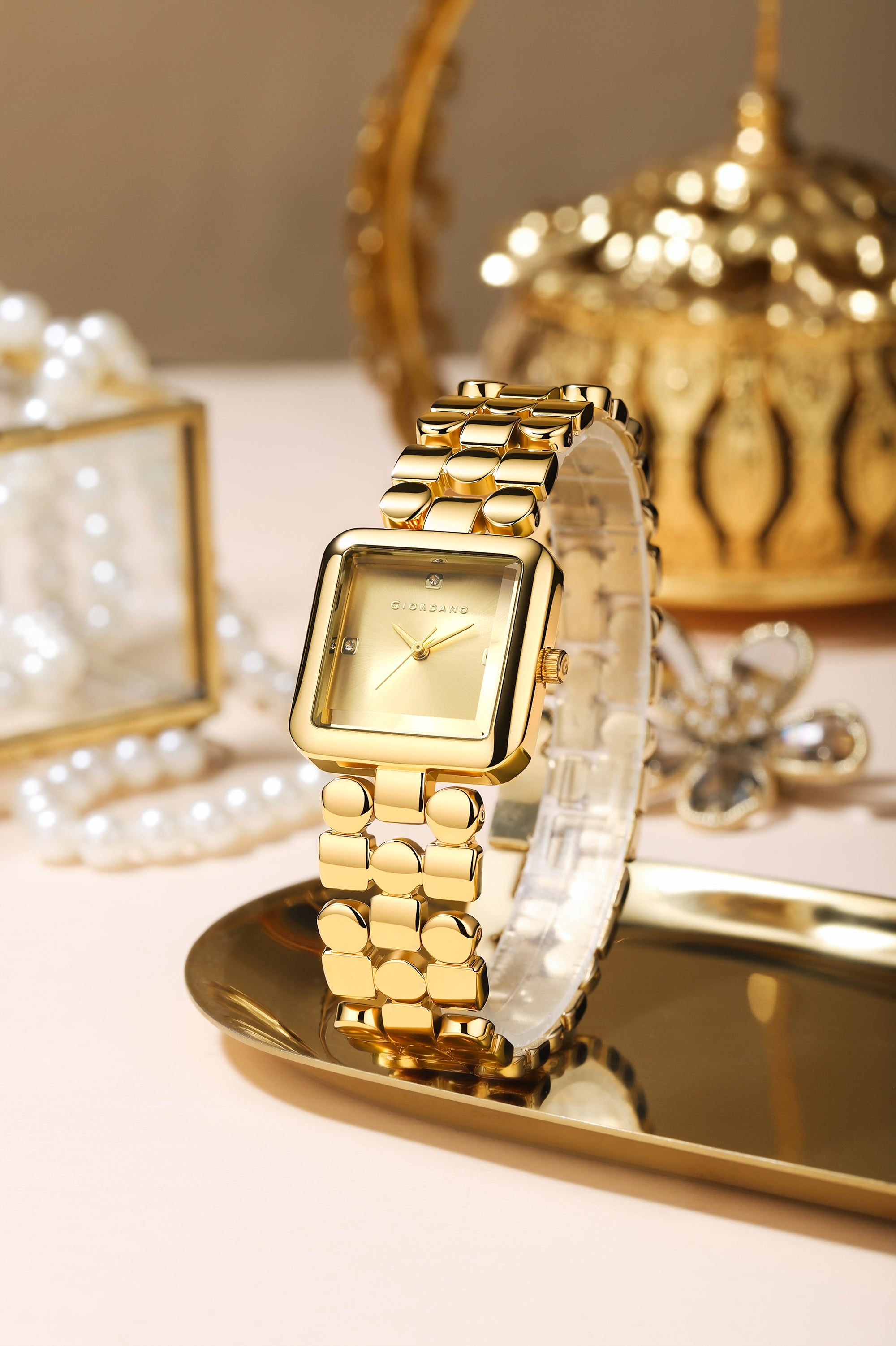 Giordano Square Analog Watch for Women with Gloss Glass Dial, Crystal Markers, Quartz Movement & Stainless Steel Strap - GZ-60134-22