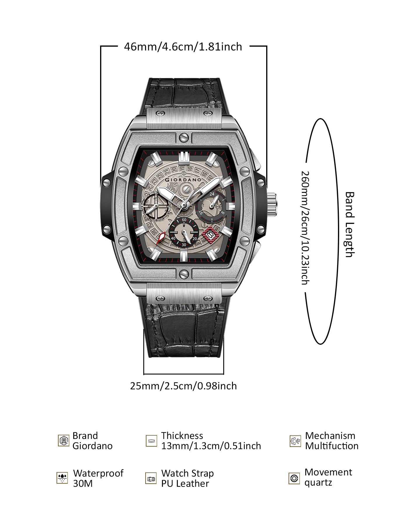 Giordano Terminator Grey Leather Multifunction Watch for men - with Day, Date, and 24-Hour Sub-Dials | Water Resistant Square Dial Unique Design Wrist Watch for Man | GZ-50098-07